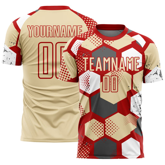 Custom Red Cream-White Geometric Shape Sublimation Soccer Uniform Jersey - Main View
