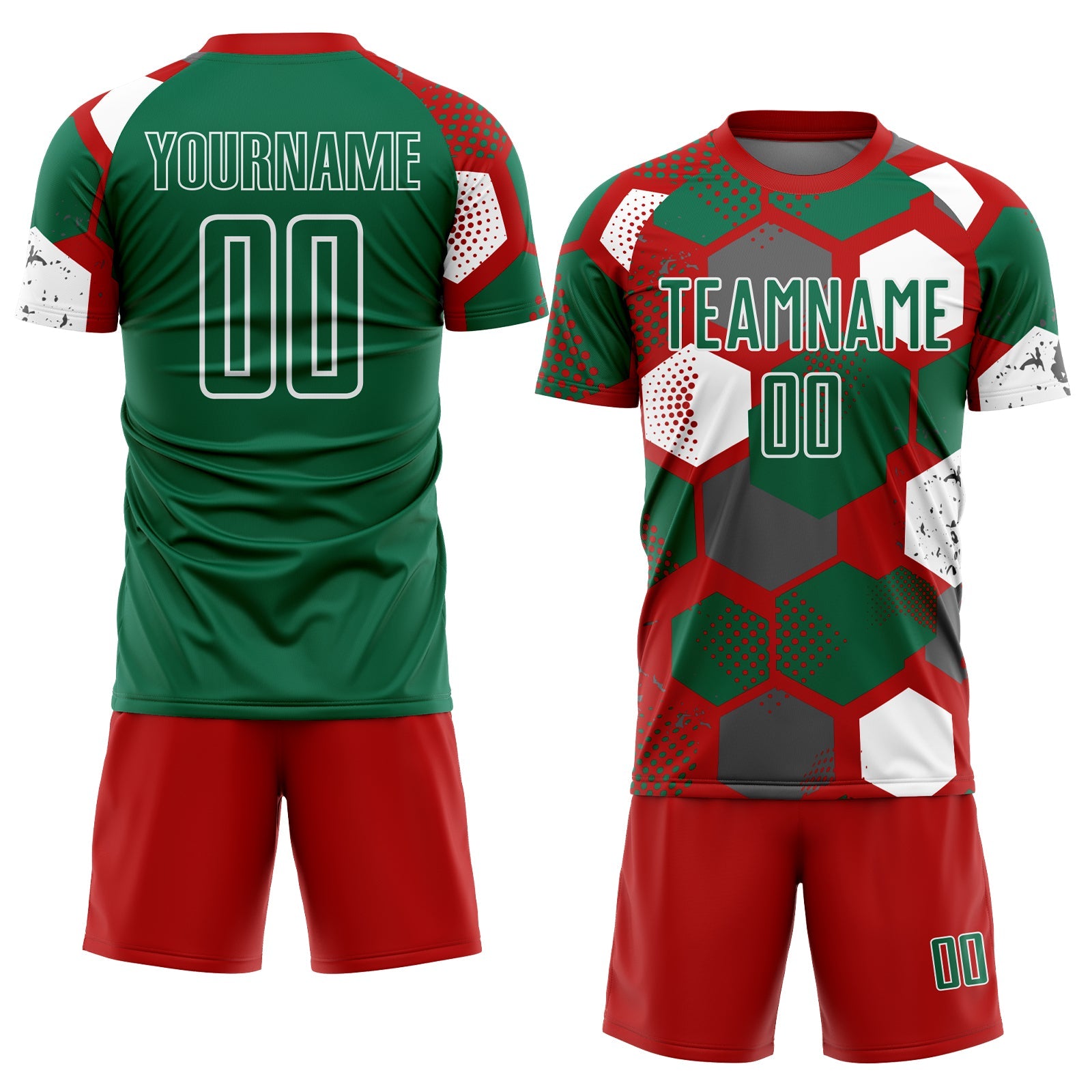 Custom Red Kelly Green-White Geometric Shape Sublimation Soccer Uniform Jersey view 2