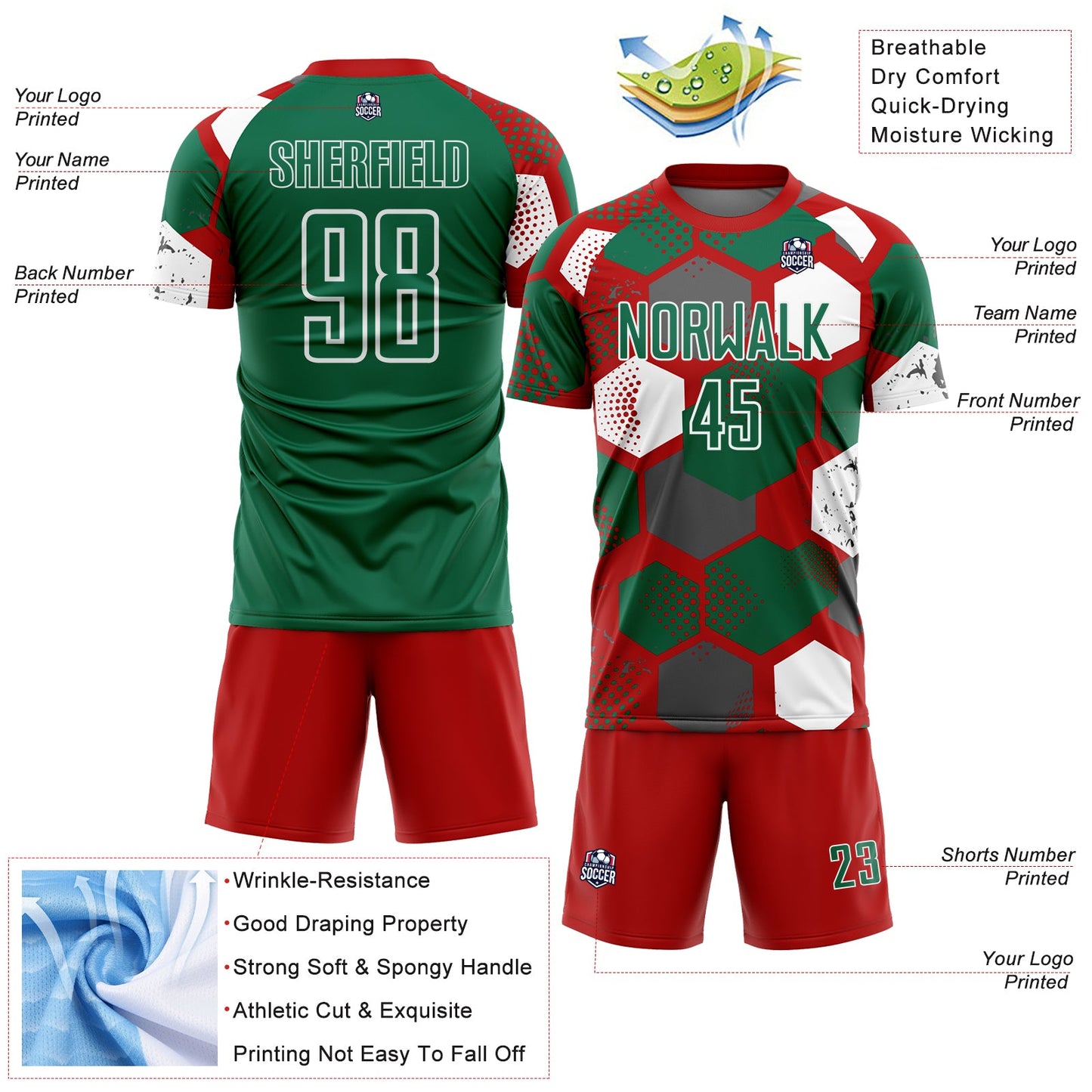 Custom Red Kelly Green-White Geometric Shape Sublimation Soccer Uniform Jersey view 4