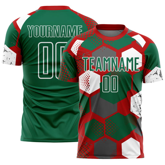 Custom Red Kelly Green-White Geometric Shape Sublimation Soccer Uniform Jersey - Main View