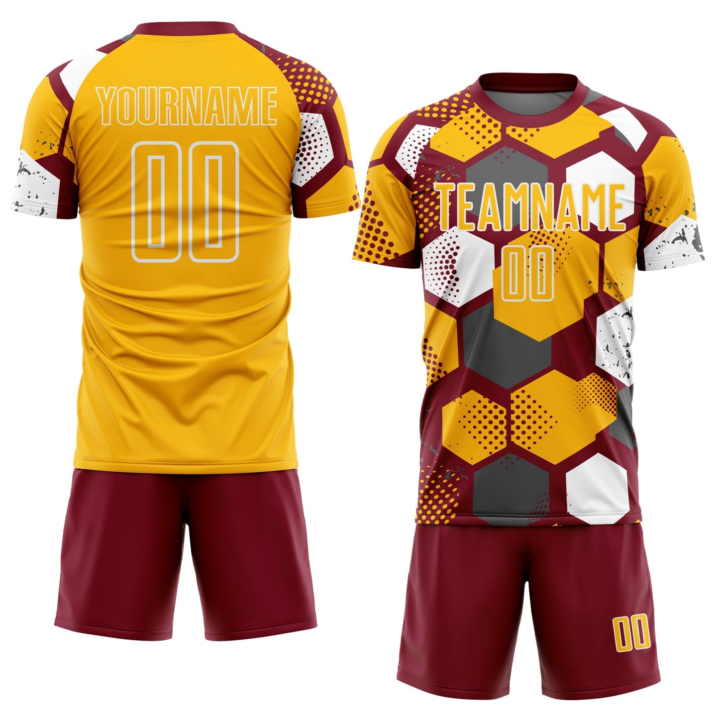 Custom Crimson Gold-White Geometric Shape Sublimation Soccer Uniform Jersey view 2