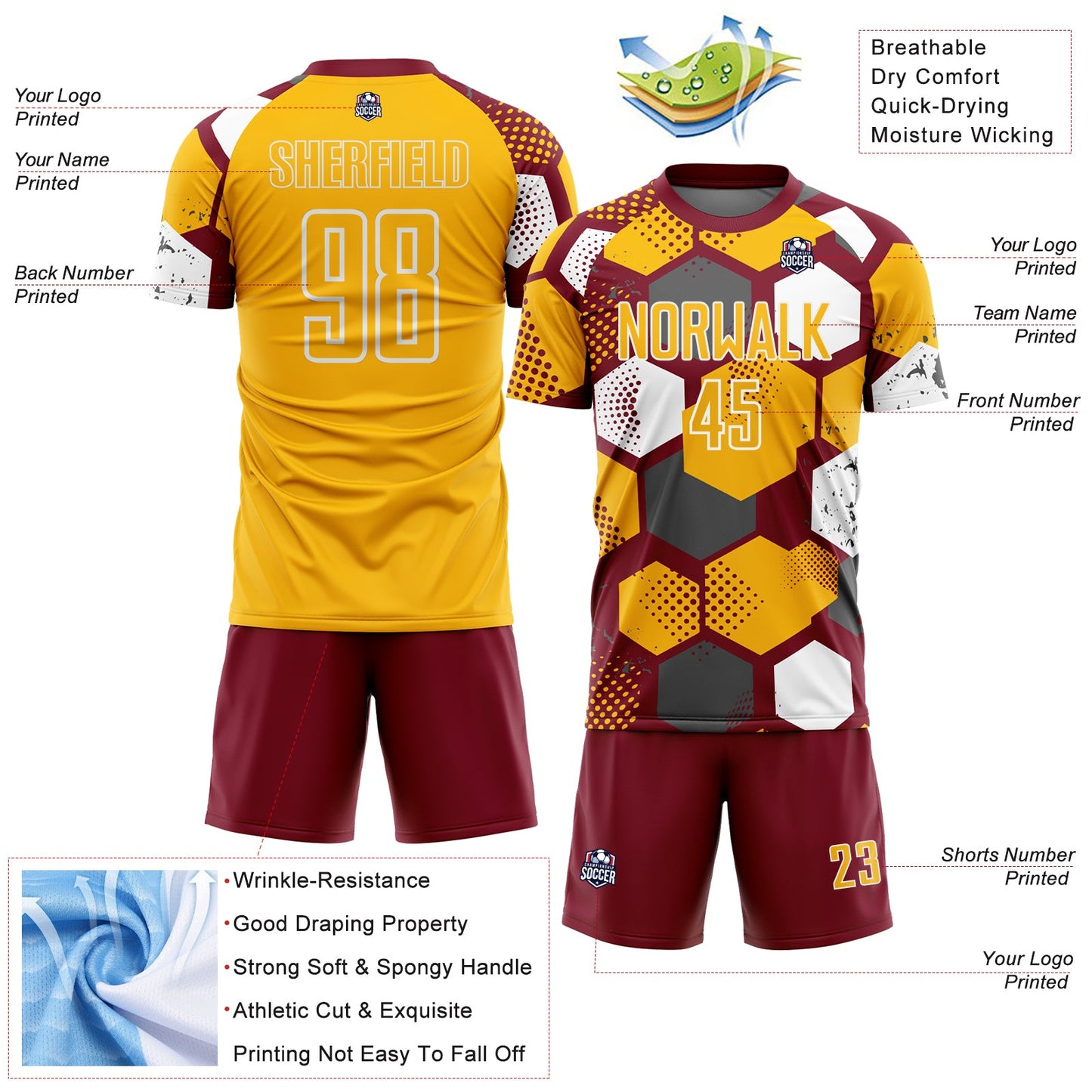 Custom Crimson Gold-White Geometric Shape Sublimation Soccer Uniform Jersey view 4