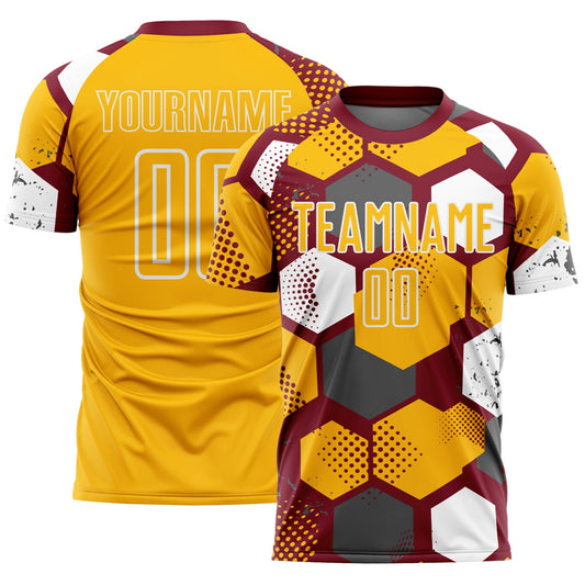 Custom Crimson Gold-White Geometric Shape Sublimation Soccer Uniform Jersey - Main View