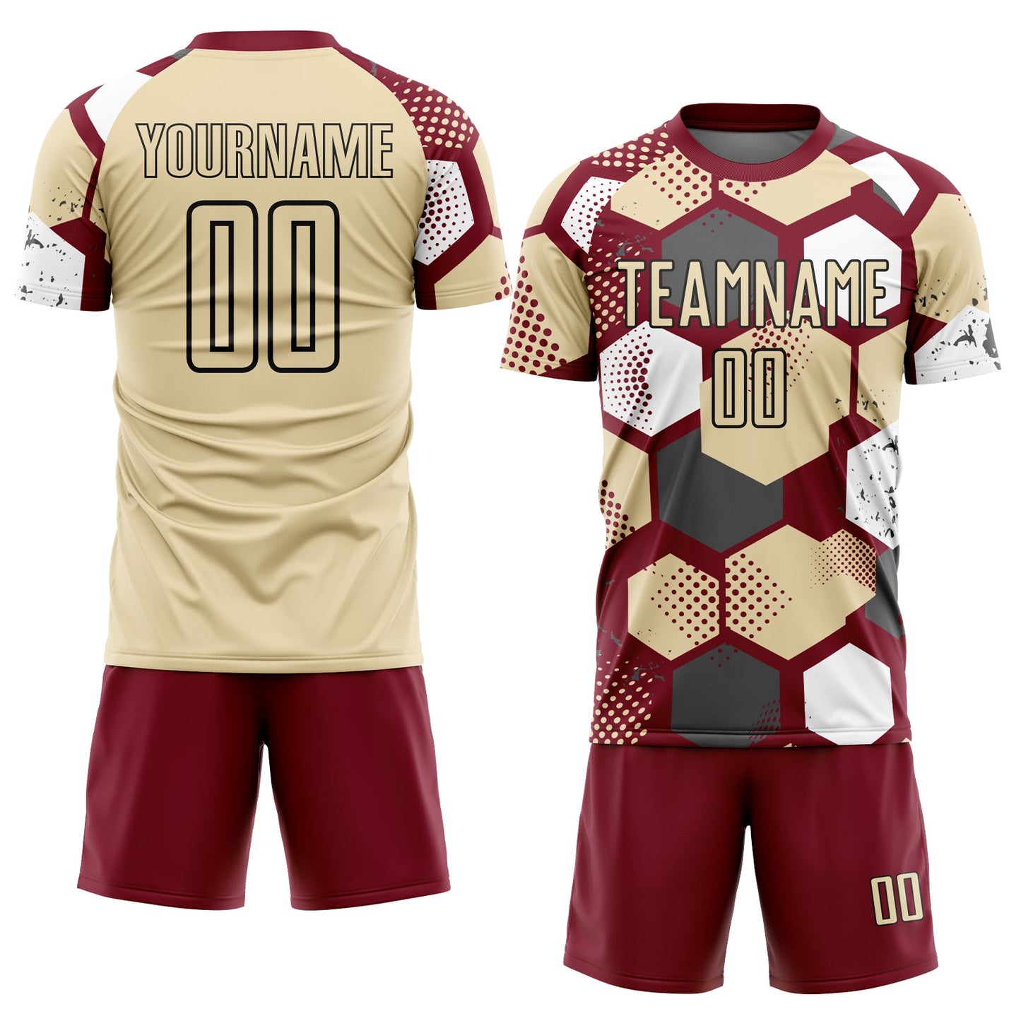 Custom Crimson Cream White-Black Geometric Shape Sublimation Soccer Uniform Jersey view 2