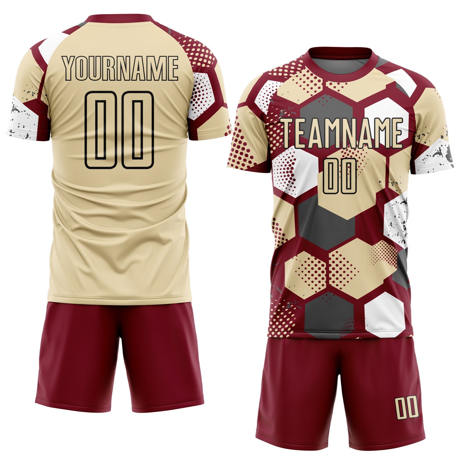 Custom Crimson Cream White-Black Geometric Shape Sublimation Soccer Uniform Jersey view 2