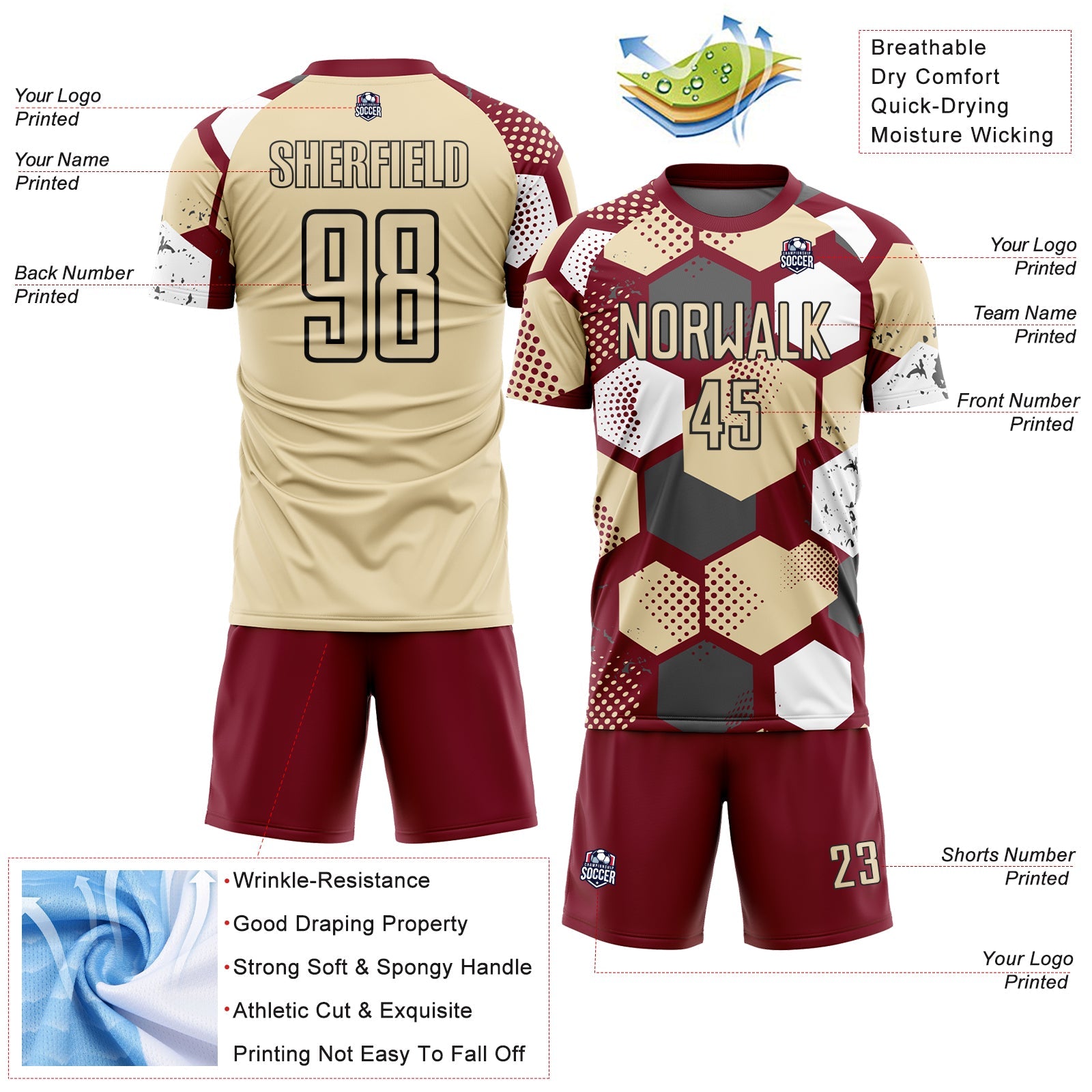 Custom Crimson Cream White-Black Geometric Shape Sublimation Soccer Uniform Jersey view 4