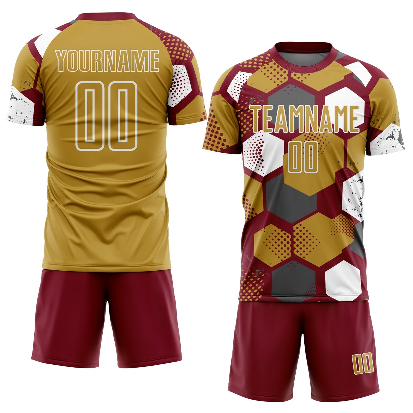Custom Crimson Old Gold-White Geometric Shape Sublimation Soccer Uniform Jersey view 2