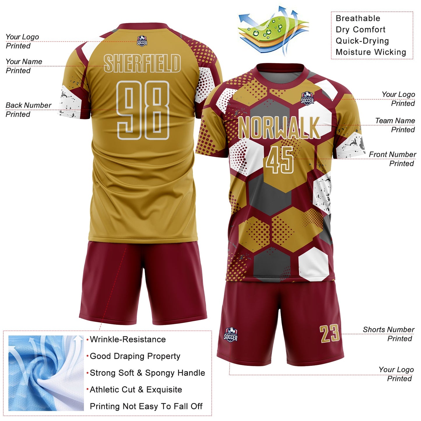 Custom Crimson Old Gold-White Geometric Shape Sublimation Soccer Uniform Jersey view 4