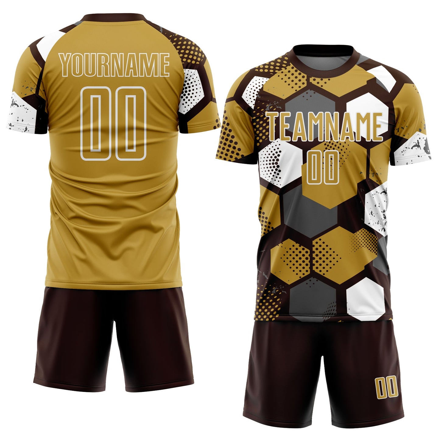 Custom Brown Old Gold-White Geometric Shape Sublimation Soccer Uniform Jersey view 2