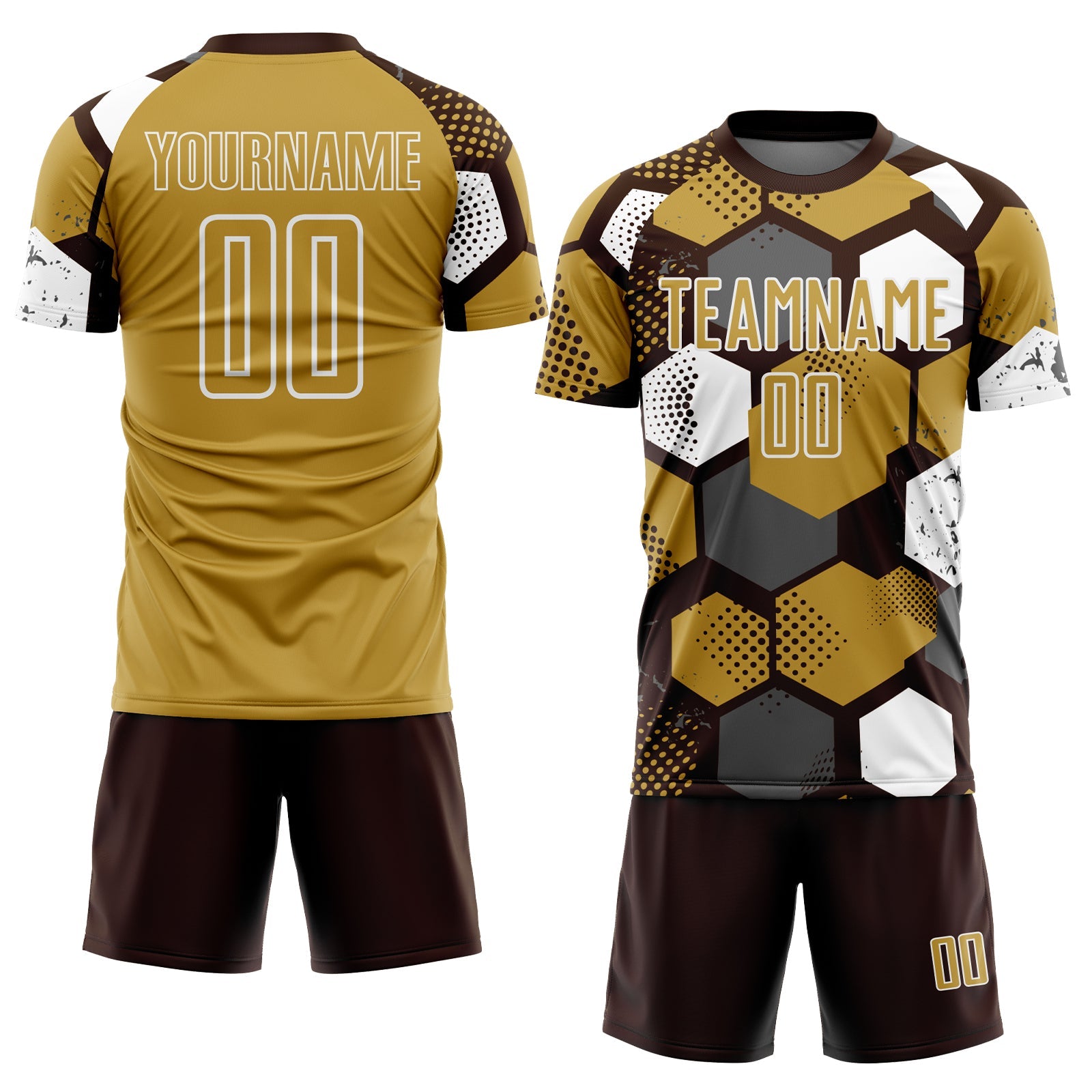 Custom Brown Old Gold-White Geometric Shape Sublimation Soccer Uniform Jersey view 2