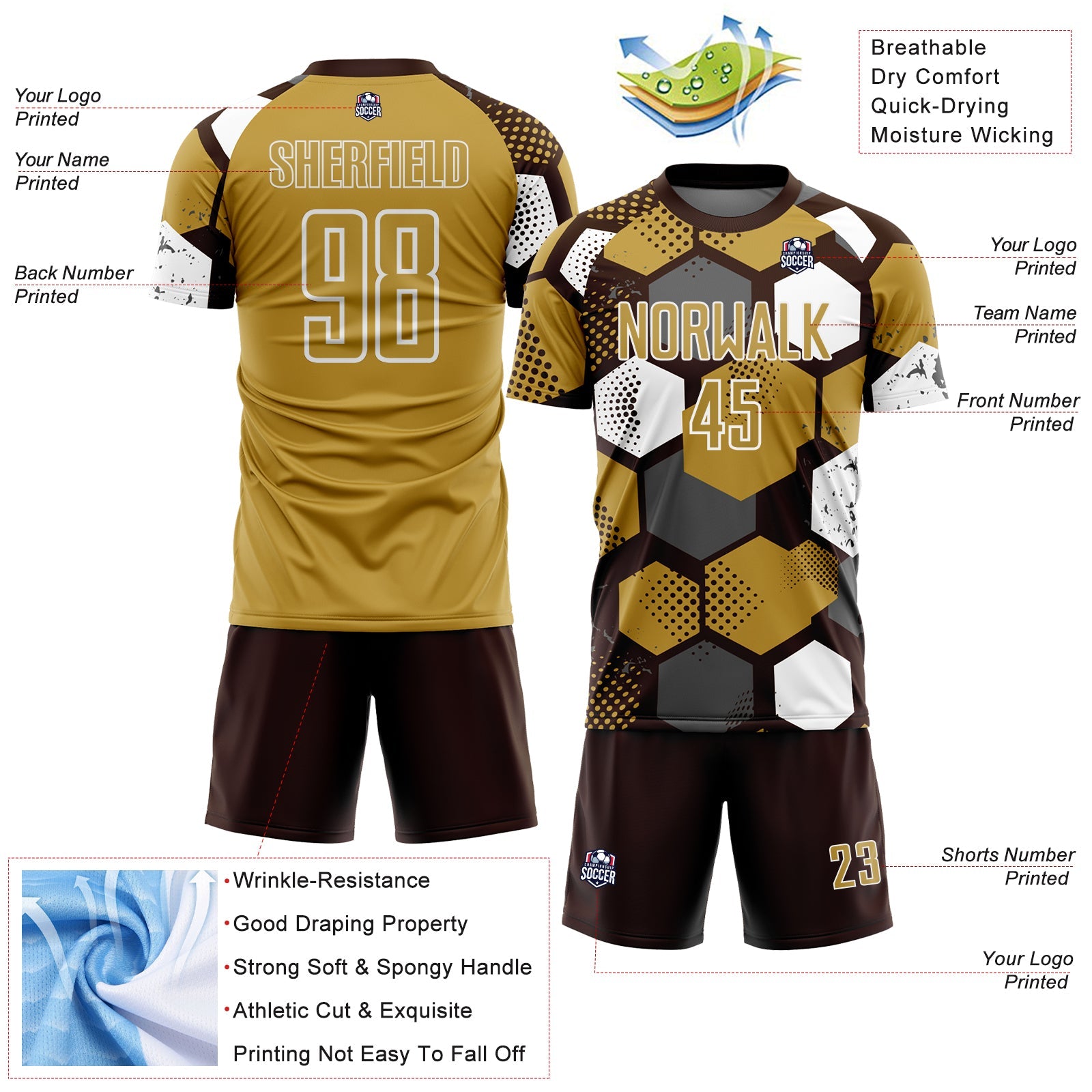 Custom Brown Old Gold-White Geometric Shape Sublimation Soccer Uniform Jersey view 4