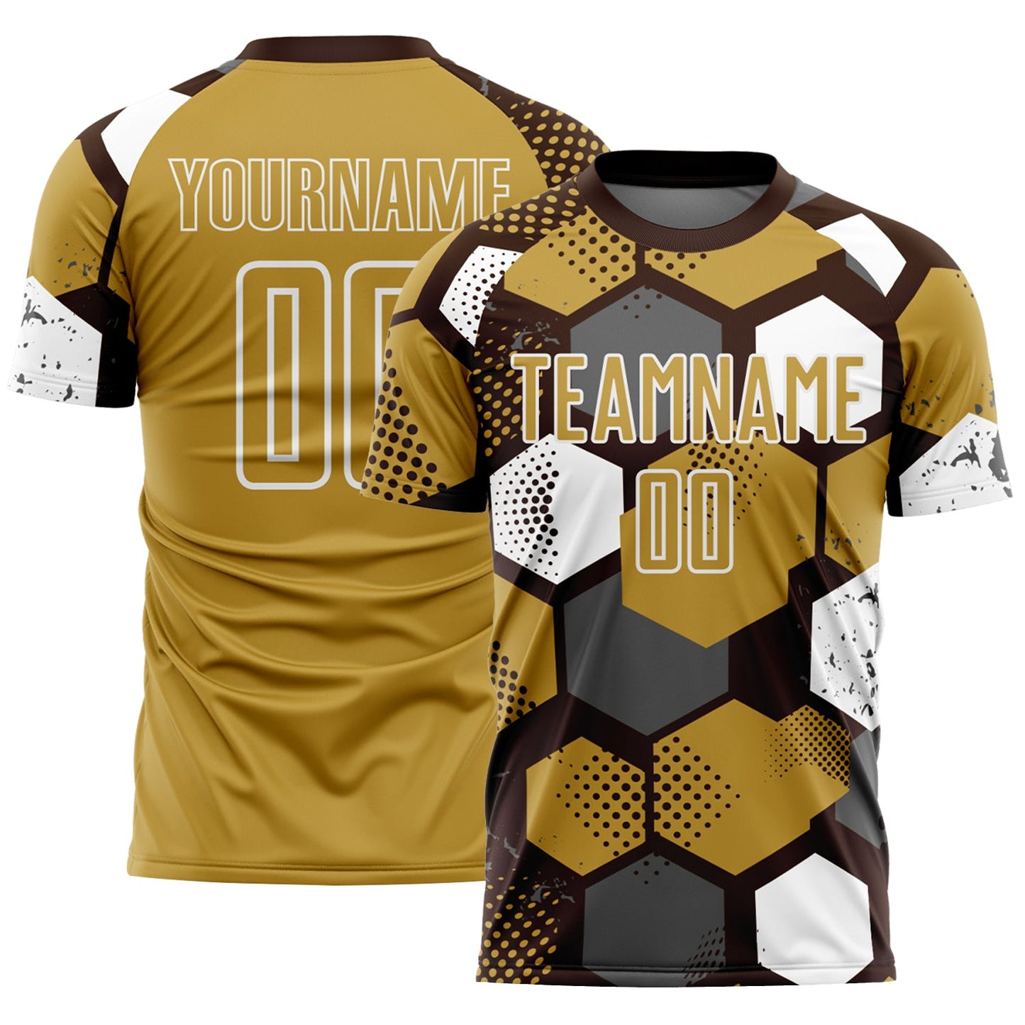 Custom Brown Old Gold-White Geometric Shape Sublimation Soccer Uniform Jersey - Main View