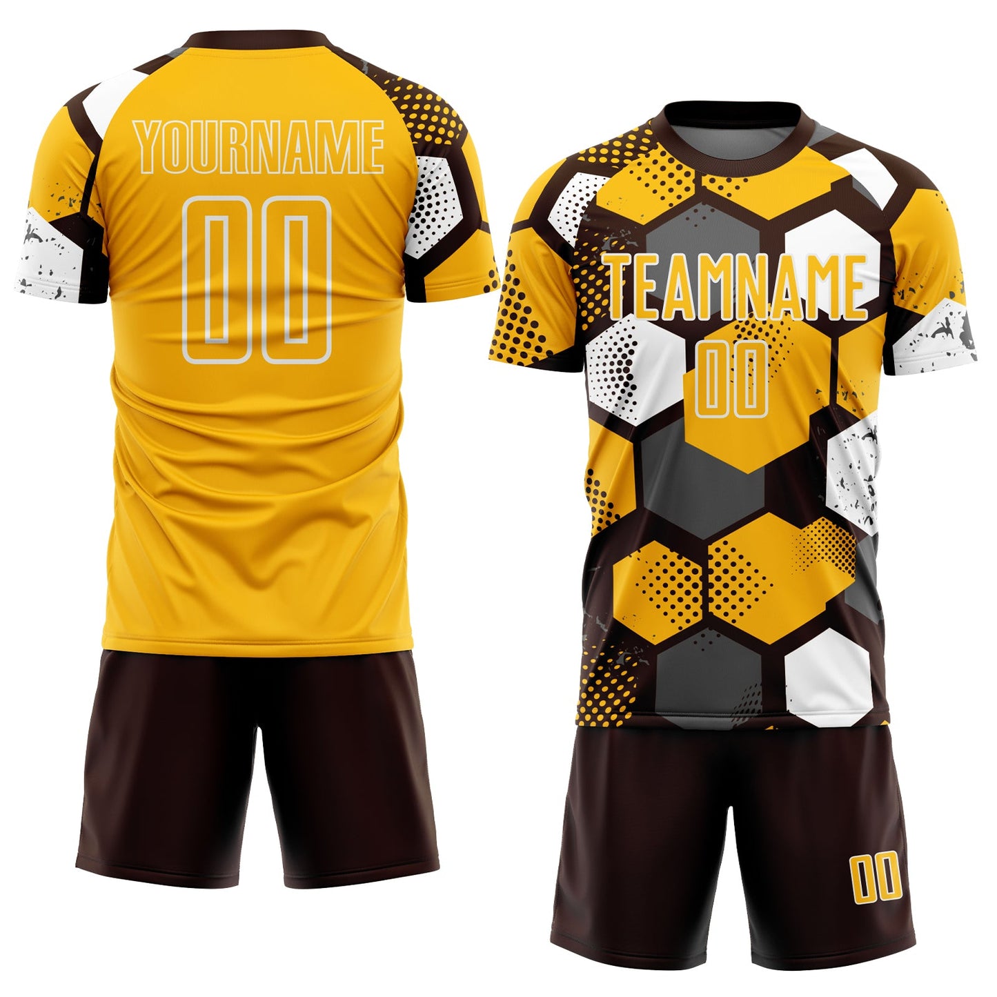 Custom Brown Gold-White Geometric Shape Sublimation Soccer Uniform Jersey view 2