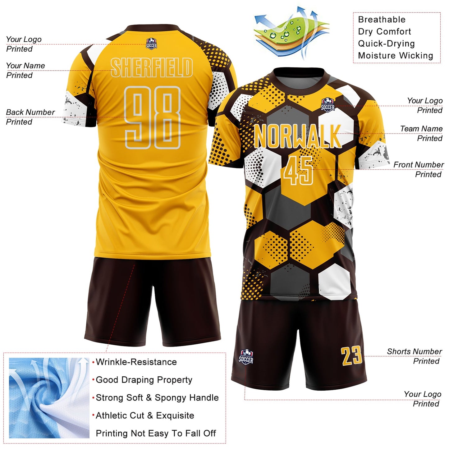 Custom Brown Gold-White Geometric Shape Sublimation Soccer Uniform Jersey view 4