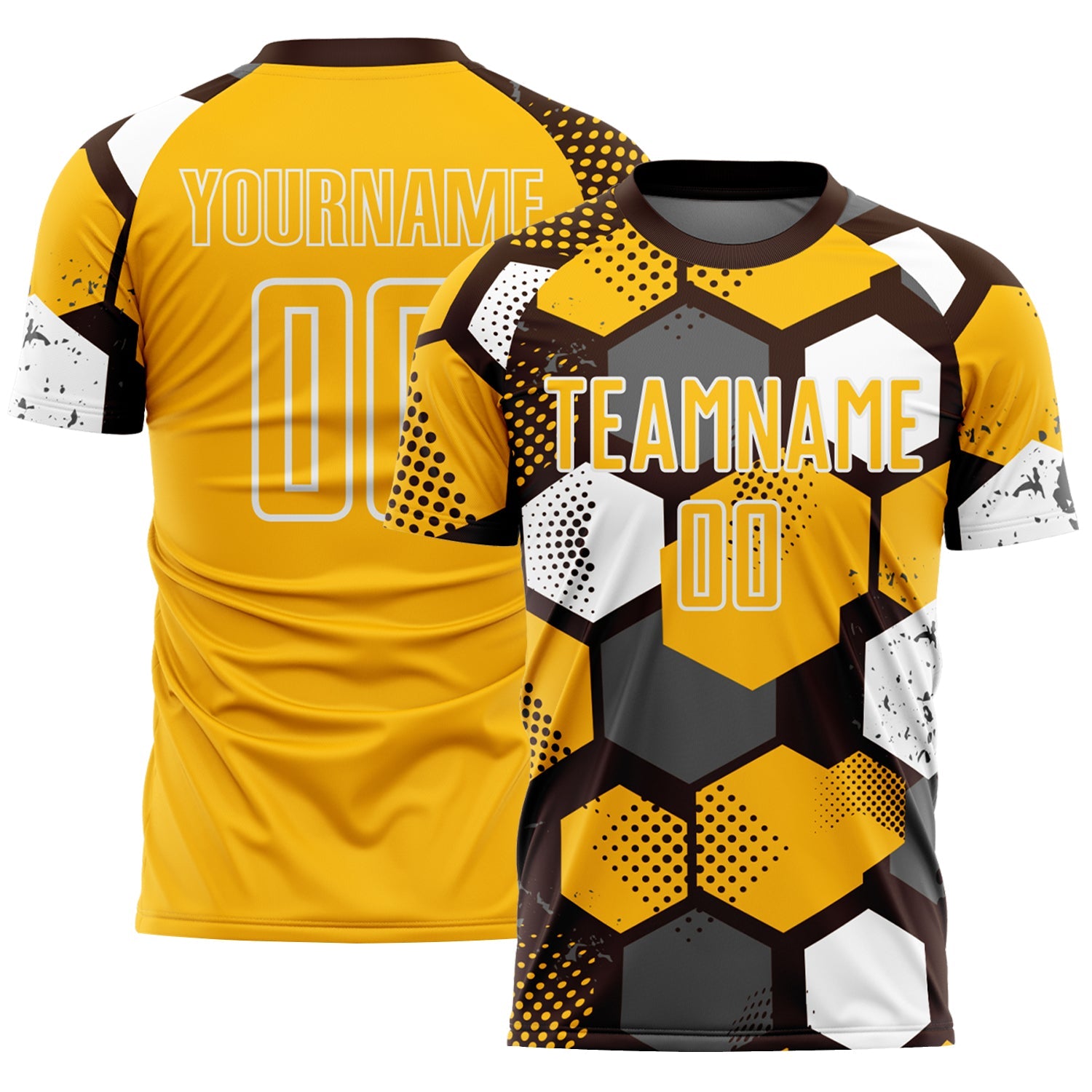 Custom Brown Gold-White Geometric Shape Sublimation Soccer Uniform Jersey - Main View