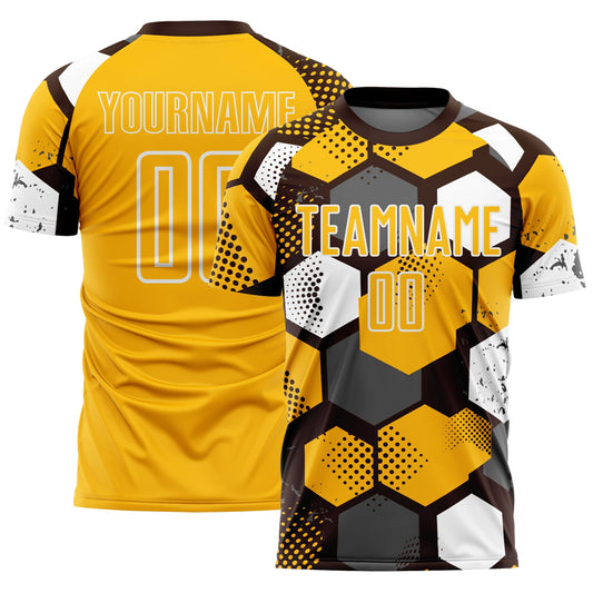 Custom Brown Gold-White Geometric Shape Sublimation Soccer Uniform Jersey - Main View