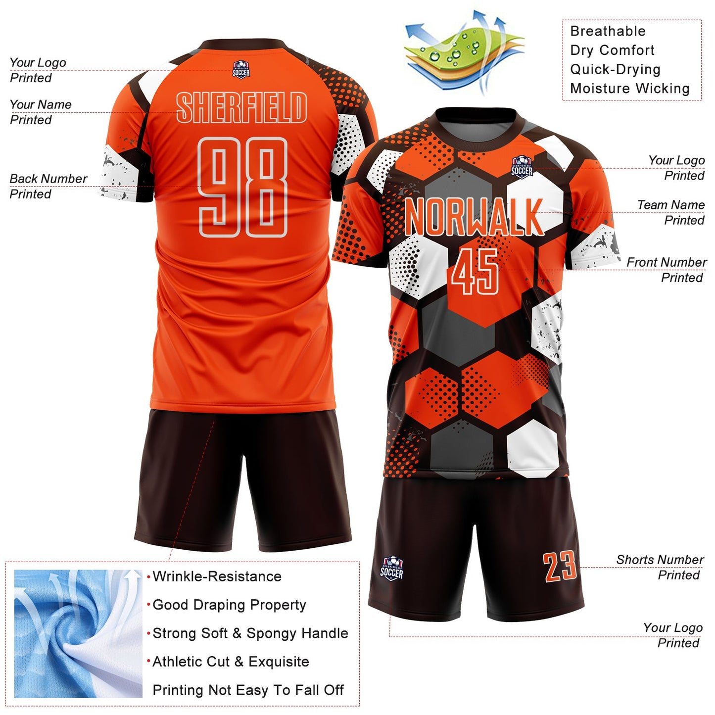 Custom Brown Orange-White Geometric Shape Sublimation Soccer Uniform Jersey view 4