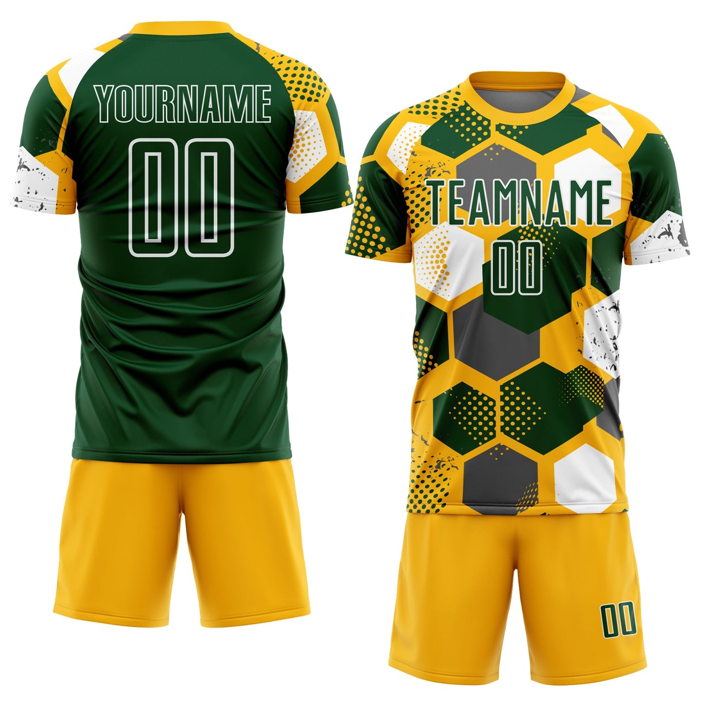 Custom Gold Green-White Geometric Shape Sublimation Soccer Uniform Jersey view 2