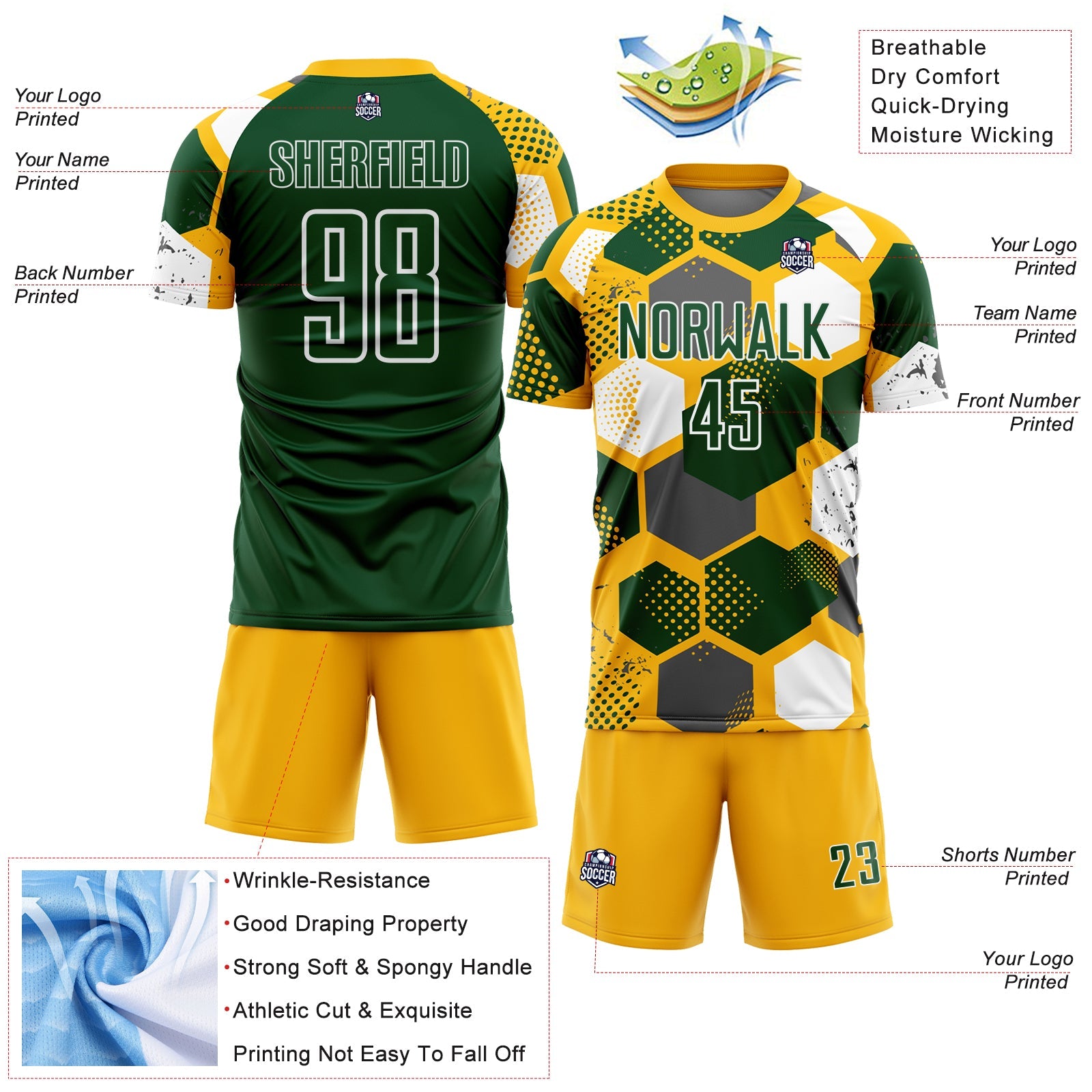 Custom Gold Green-White Geometric Shape Sublimation Soccer Uniform Jersey view 4