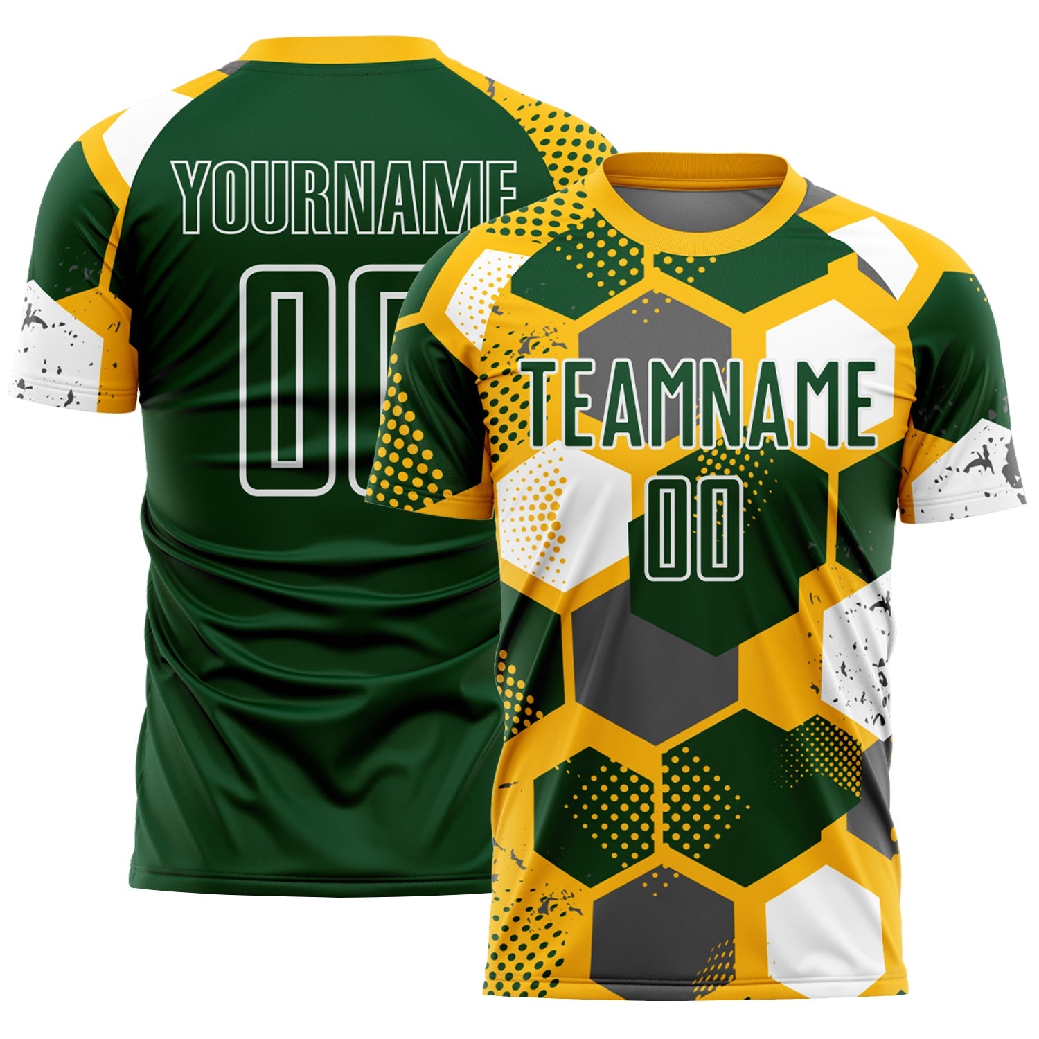 Custom Gold Green-White Geometric Shape Sublimation Soccer Uniform Jersey - Main View