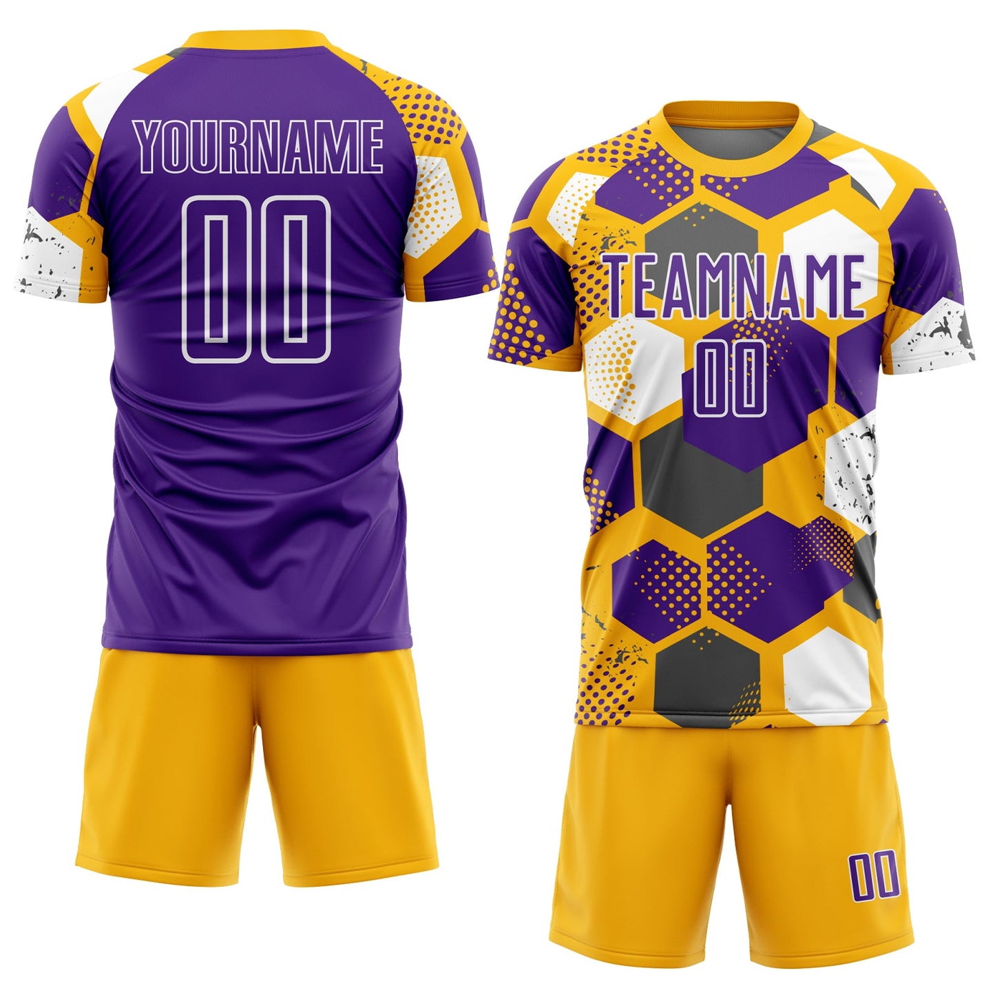 Custom Gold Purple-White Geometric Shape Sublimation Soccer Uniform Jersey view 2