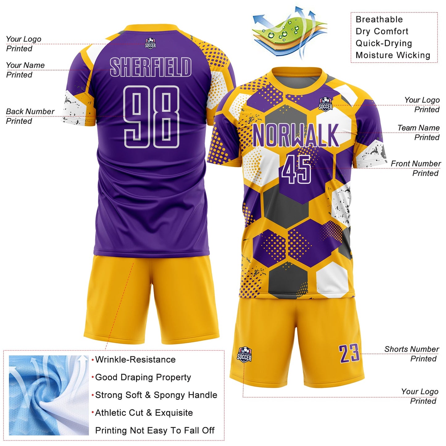 Custom Gold Purple-White Geometric Shape Sublimation Soccer Uniform Jersey view 4