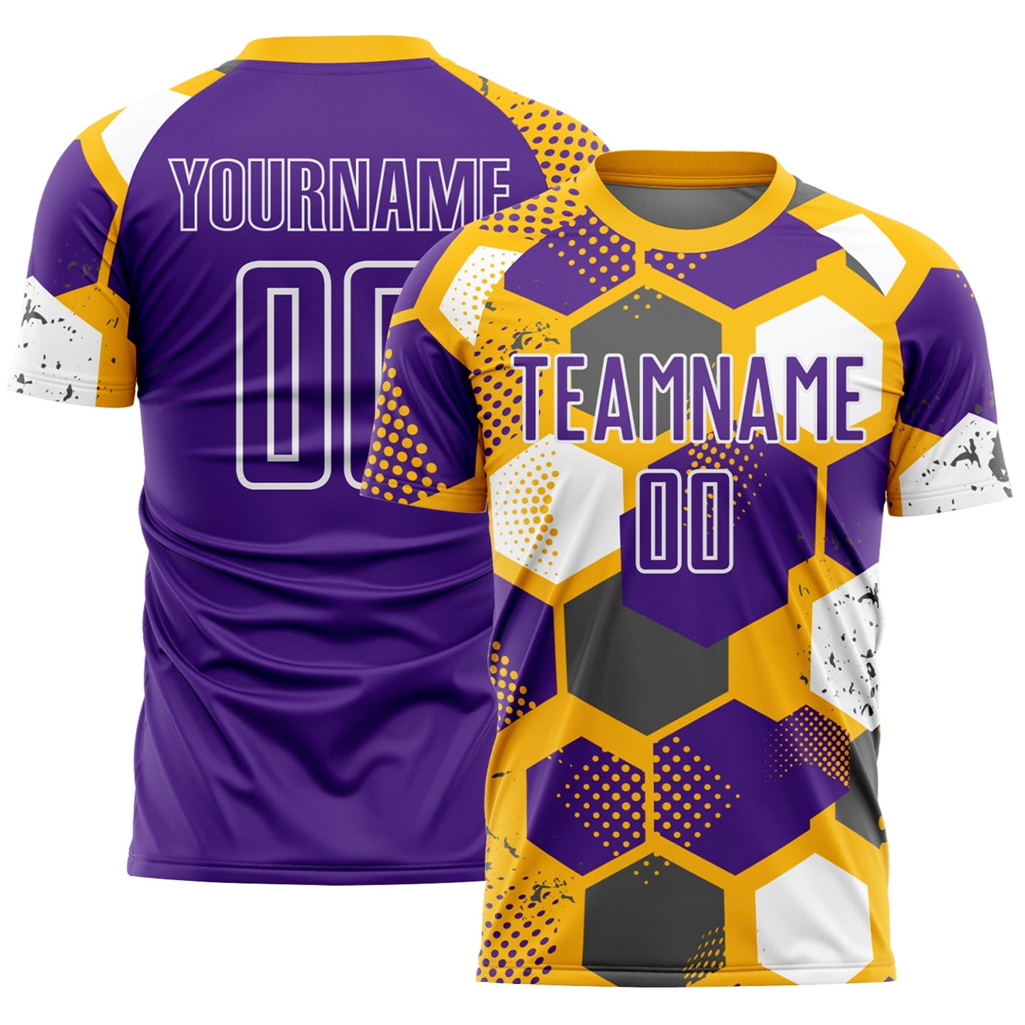 Custom Gold Purple-White Geometric Shape Sublimation Soccer Uniform Jersey - Main View