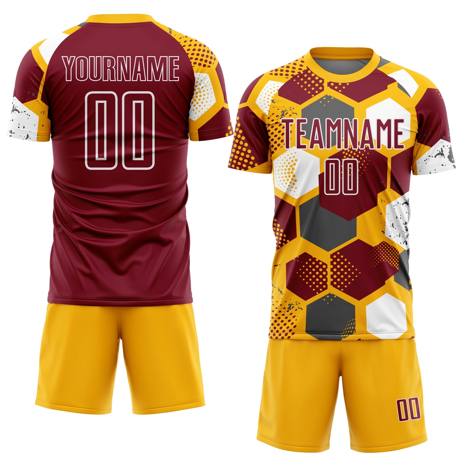 Custom Gold Crimson-White Geometric Shape Sublimation Soccer Uniform Jersey view 2