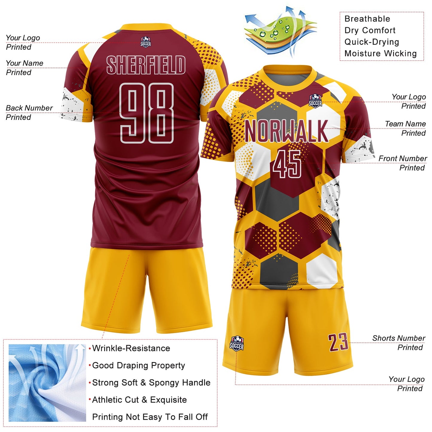 Custom Gold Crimson-White Geometric Shape Sublimation Soccer Uniform Jersey view 4