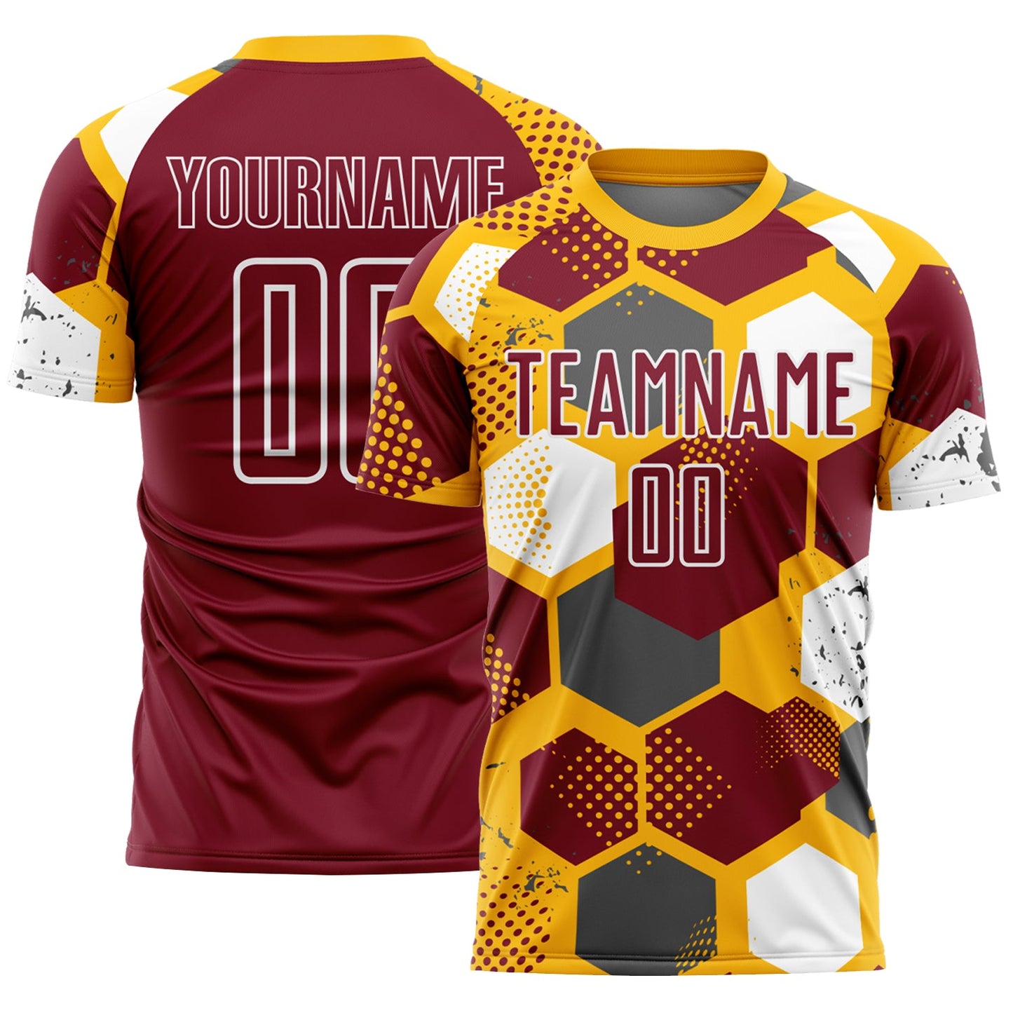Custom Gold Crimson-White Geometric Shape Sublimation Soccer Uniform Jersey - Main View