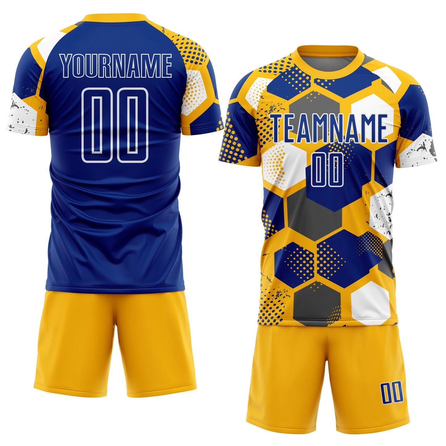 Custom Gold Royal-White Geometric Shape Sublimation Soccer Uniform Jersey view 2