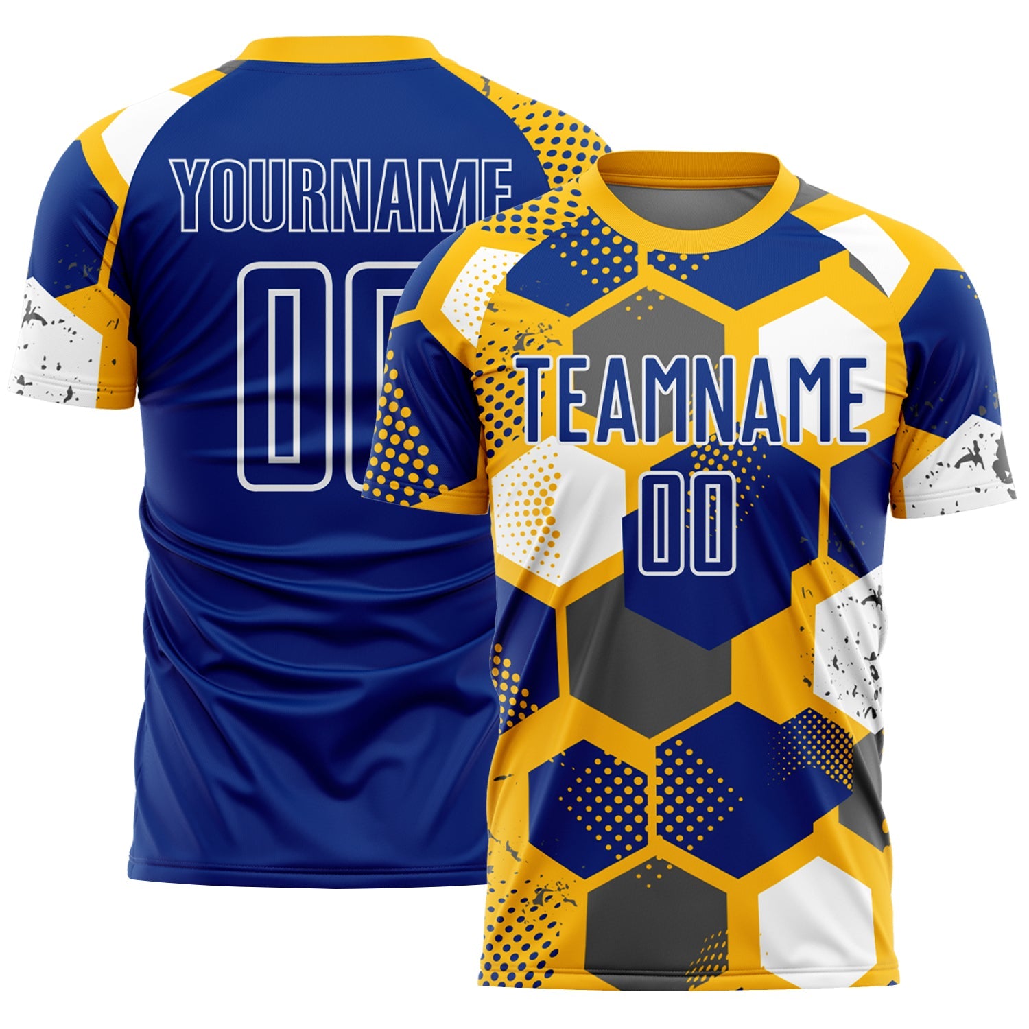 Custom Gold Royal-White Geometric Shape Sublimation Soccer Uniform Jersey - Main View