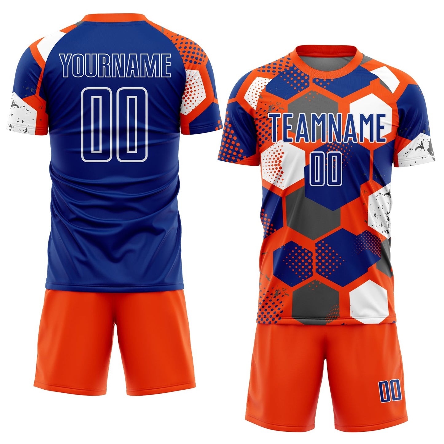 Custom Orange Royal-White Geometric Shape Sublimation Soccer Uniform Jersey view 2