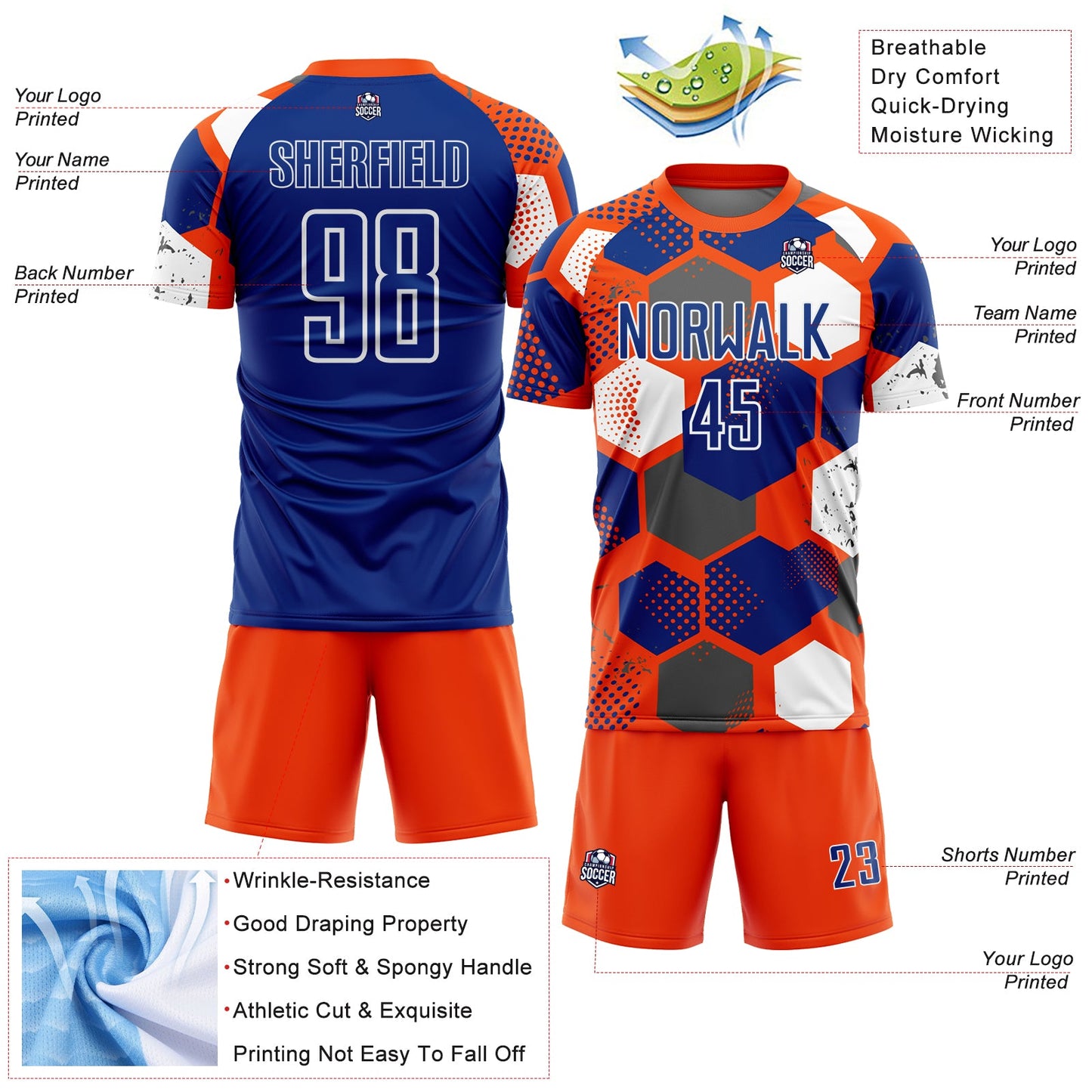 Custom Orange Royal-White Geometric Shape Sublimation Soccer Uniform Jersey view 4