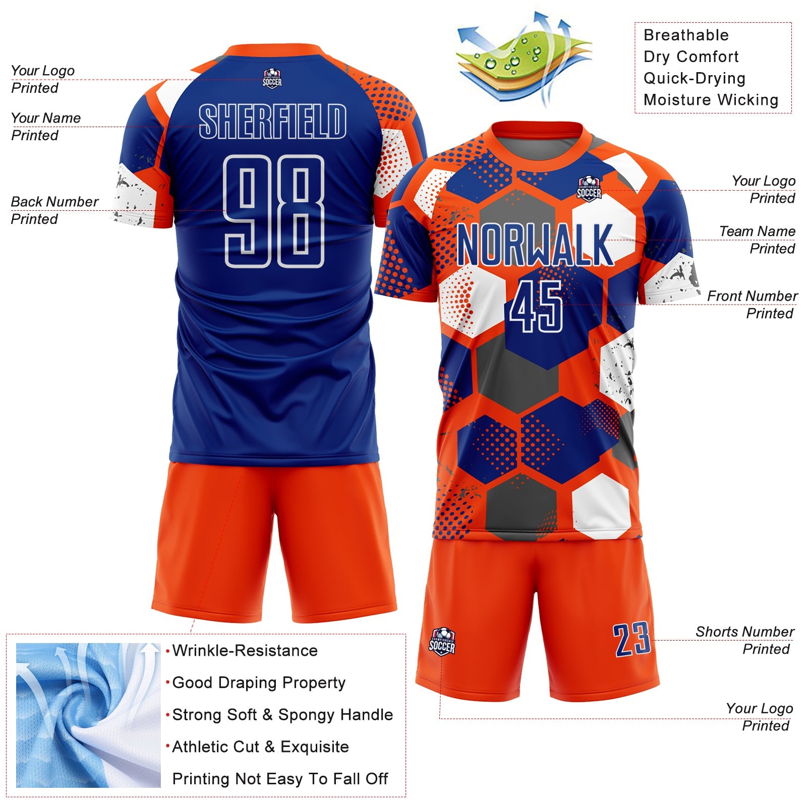 Custom Orange Royal-White Geometric Shape Sublimation Soccer Uniform Jersey view 4