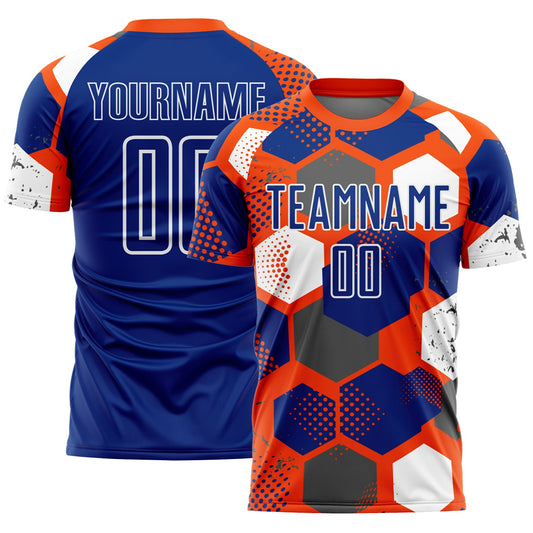 Custom Orange Royal-White Geometric Shape Sublimation Soccer Uniform Jersey - Main View