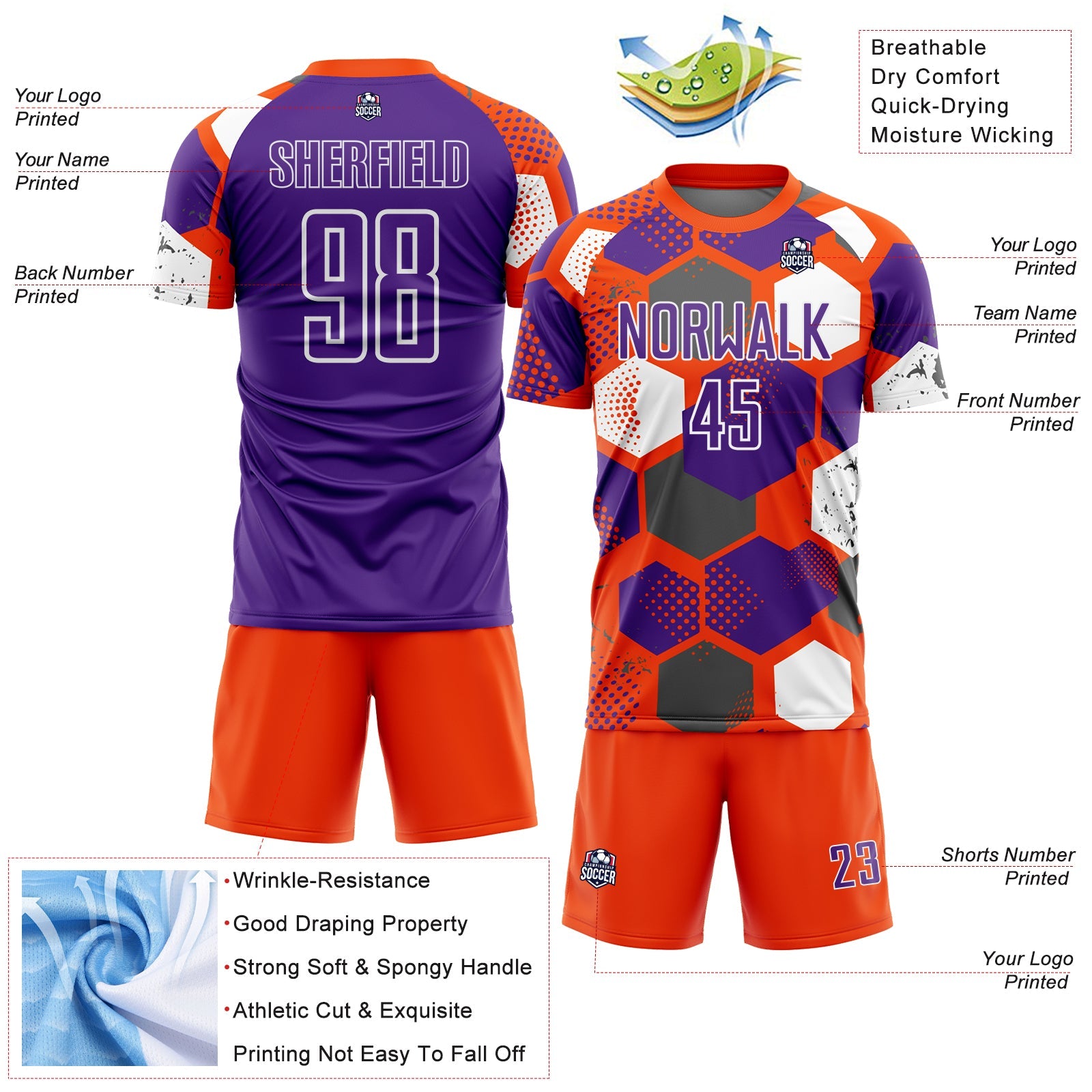Custom Orange Purple-White Geometric Shape Sublimation Soccer Uniform Jersey view 4