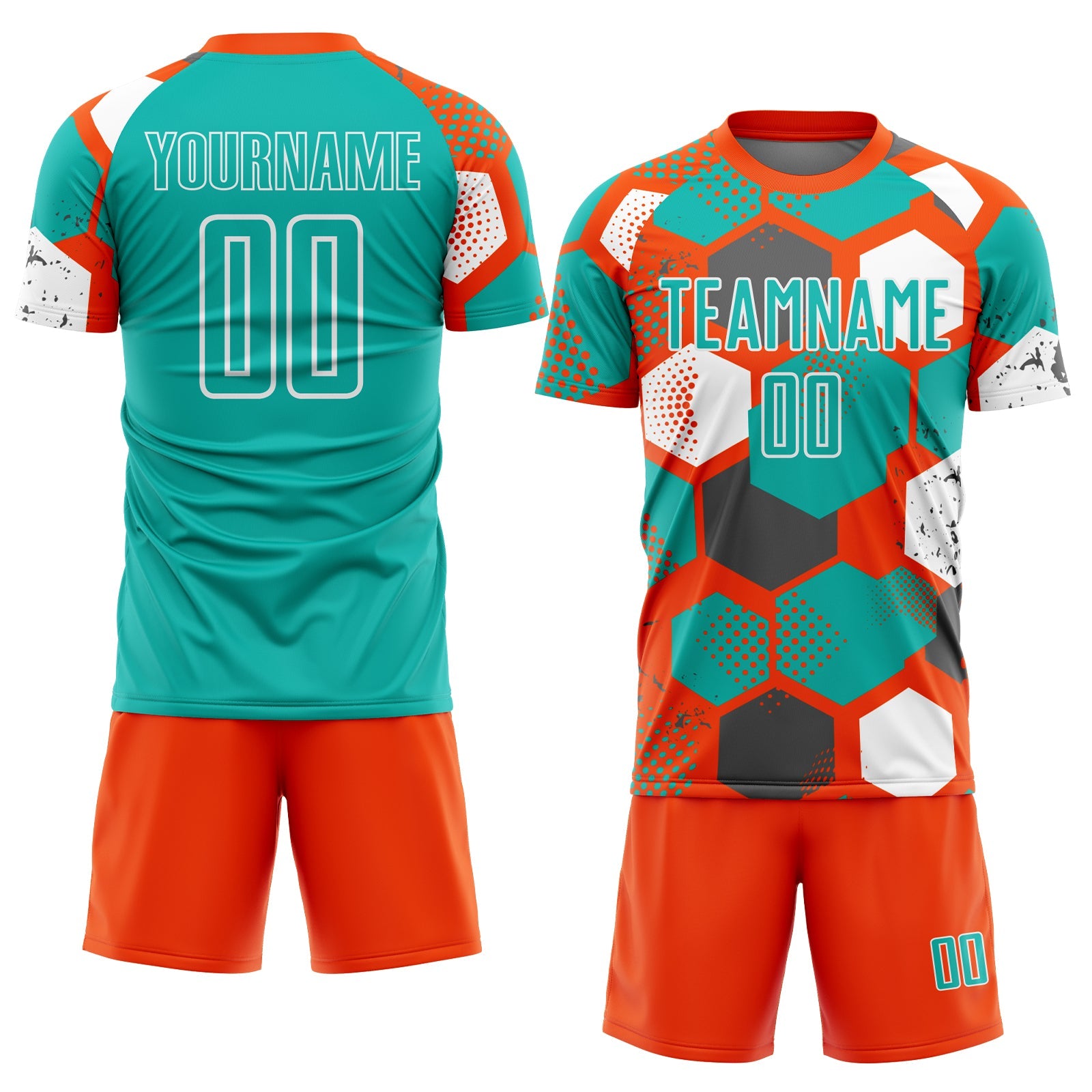 Custom Orange Aqua-White Geometric Shape Sublimation Soccer Uniform Jersey view 2