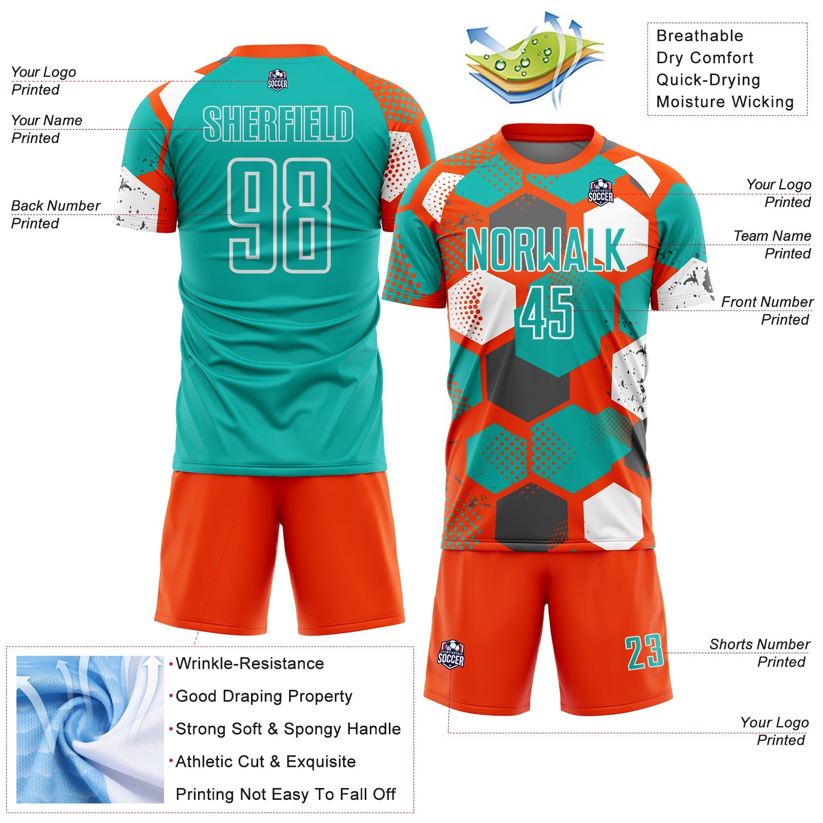 Custom Orange Aqua-White Geometric Shape Sublimation Soccer Uniform Jersey view 4
