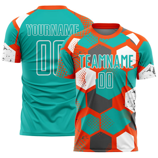 Custom Orange Aqua-White Geometric Shape Sublimation Soccer Uniform Jersey - Main View