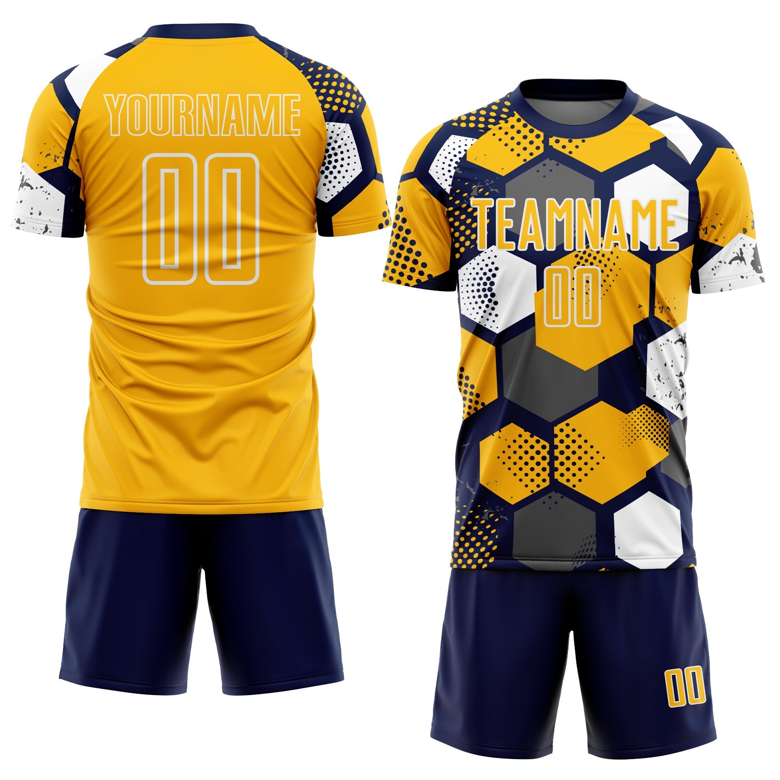 Custom Navy Gold-White Geometric Shape Sublimation Soccer Uniform Jersey view 2