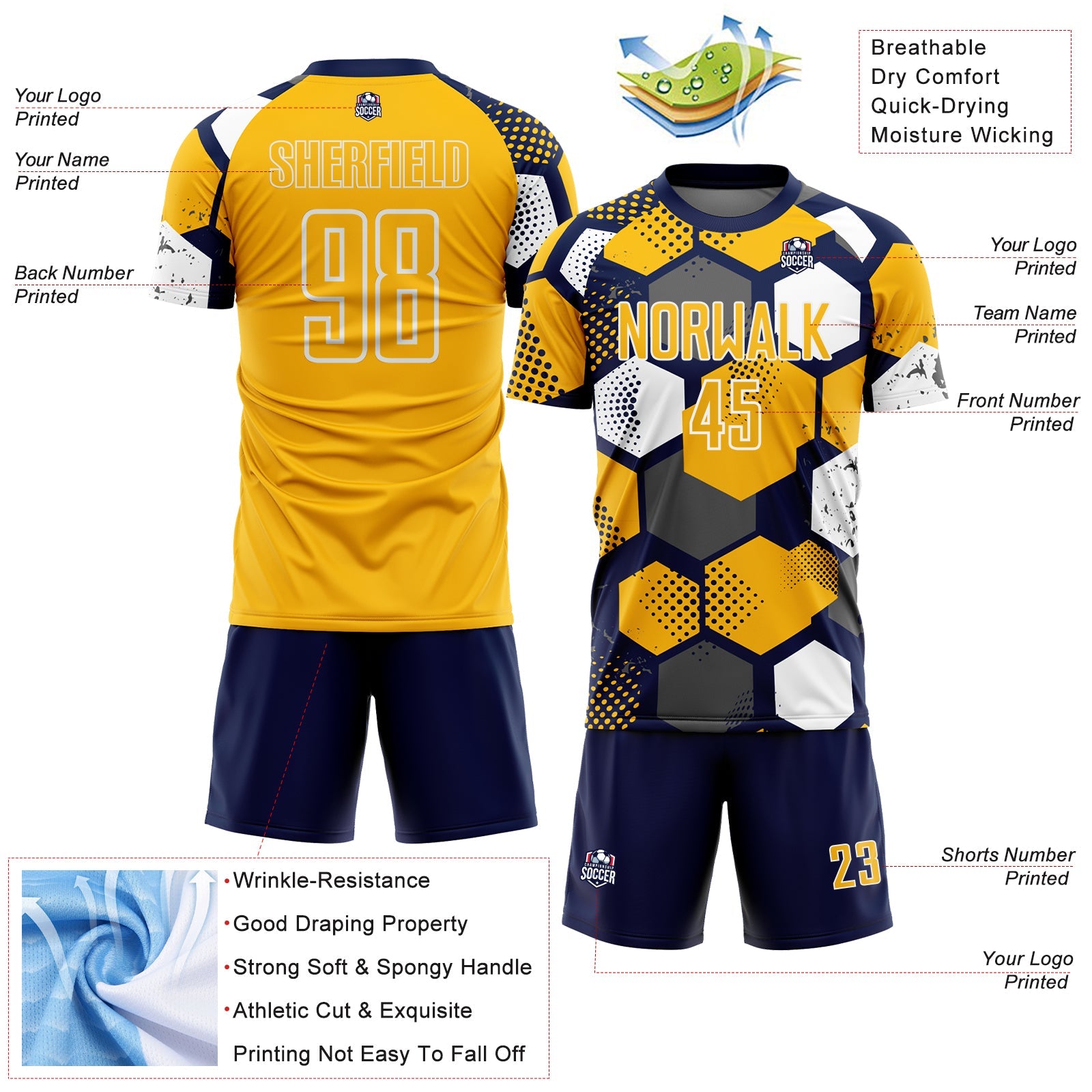 Custom Navy Gold-White Geometric Shape Sublimation Soccer Uniform Jersey view 4