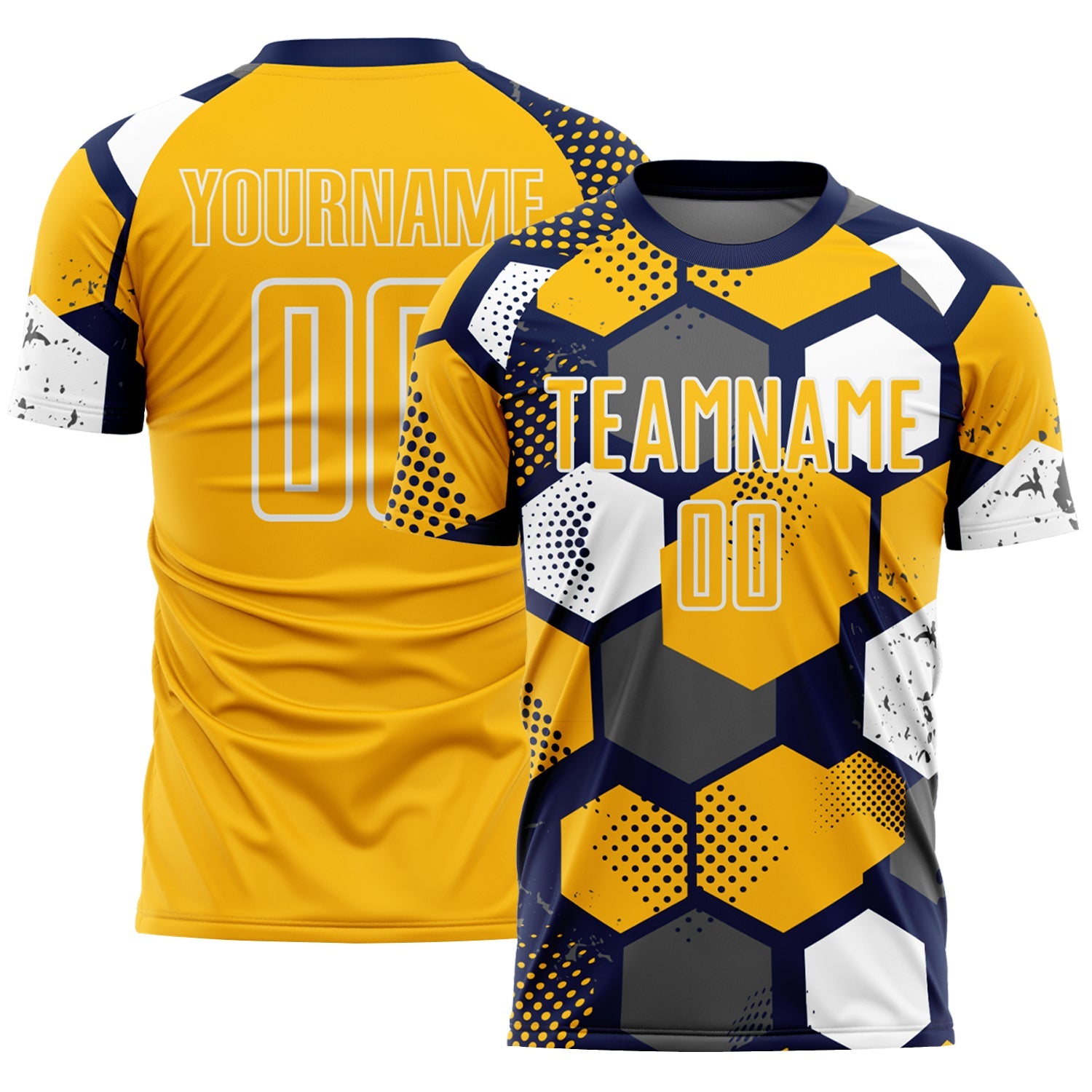 Custom Navy Gold-White Geometric Shape Sublimation Soccer Uniform Jersey - Main View