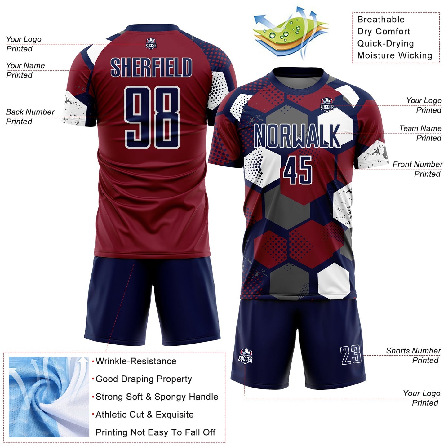Custom Navy Crimson-White Geometric Shape Sublimation Soccer Uniform Jersey view 4
