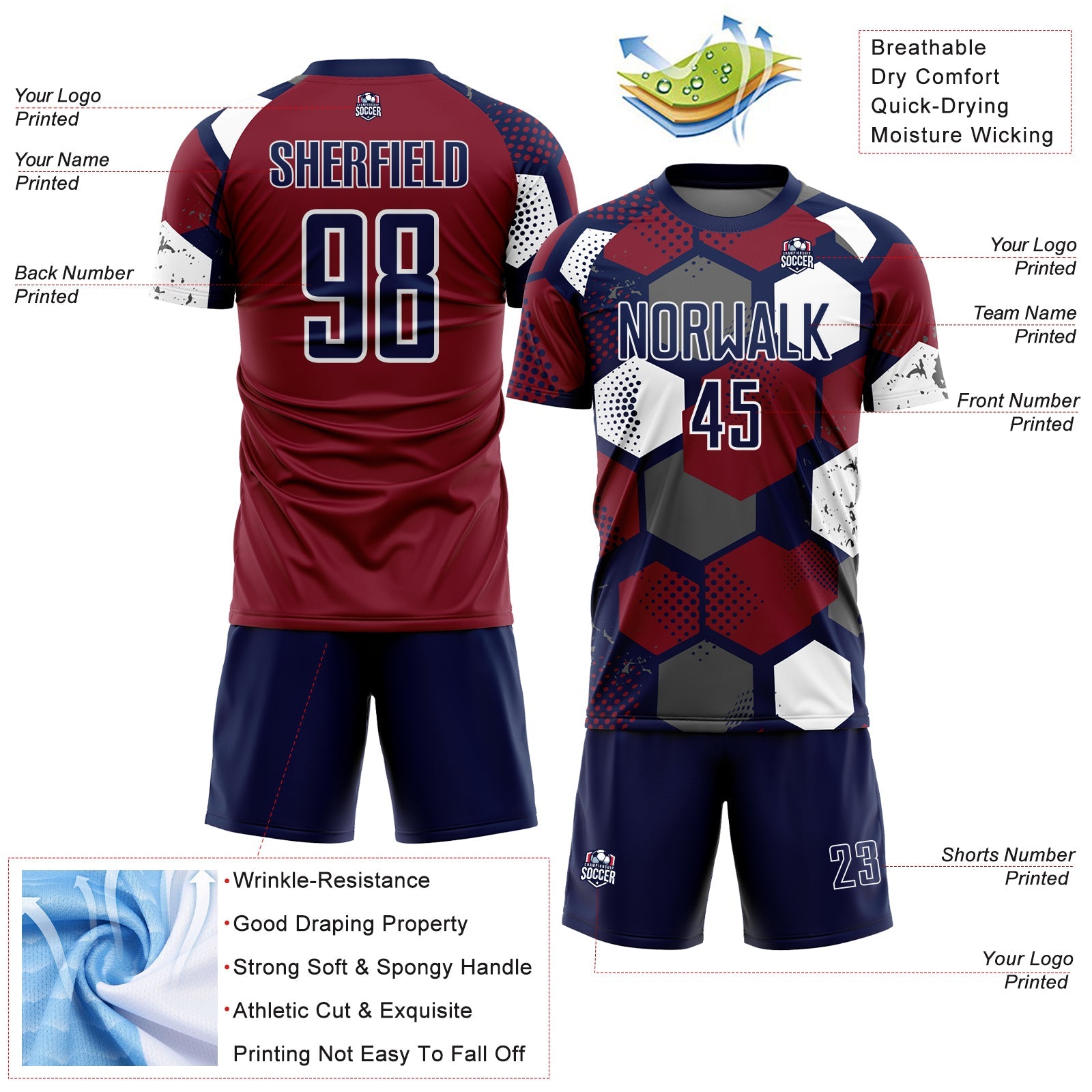Custom Navy Crimson-White Geometric Shape Sublimation Soccer Uniform Jersey view 4