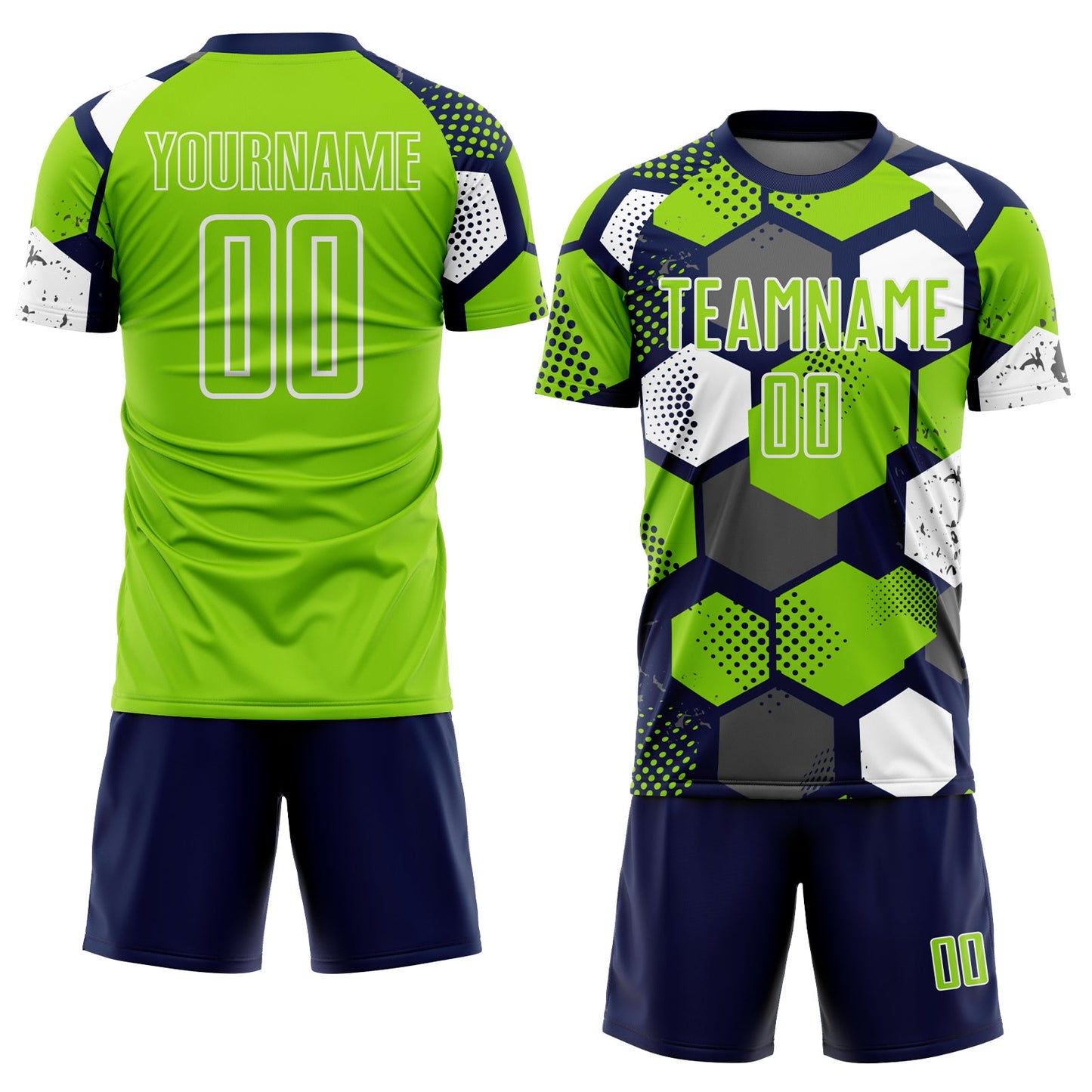 Custom Navy Neon Green-White Geometric Shape Sublimation Soccer Uniform Jersey view 2