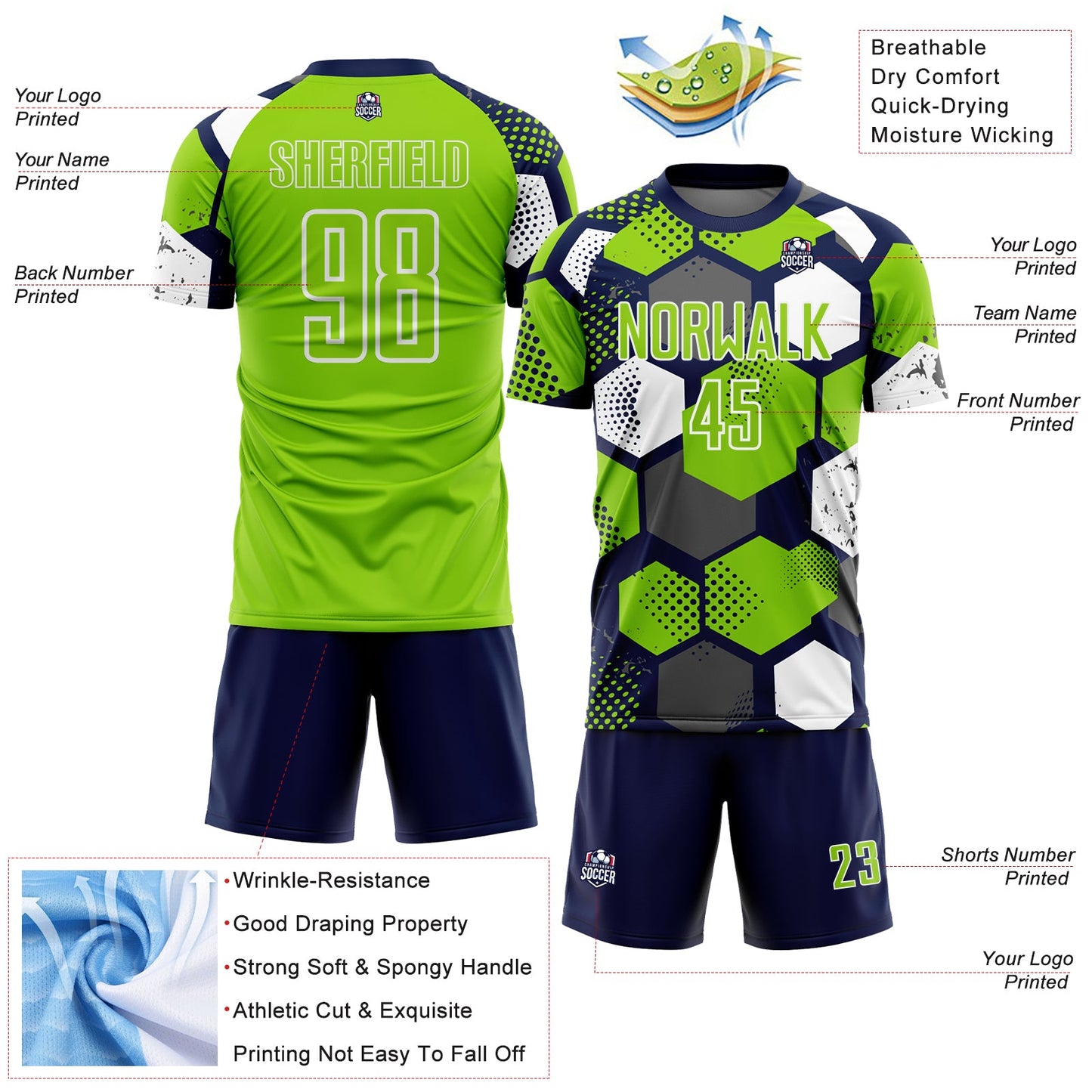 Custom Navy Neon Green-White Geometric Shape Sublimation Soccer Uniform Jersey view 4