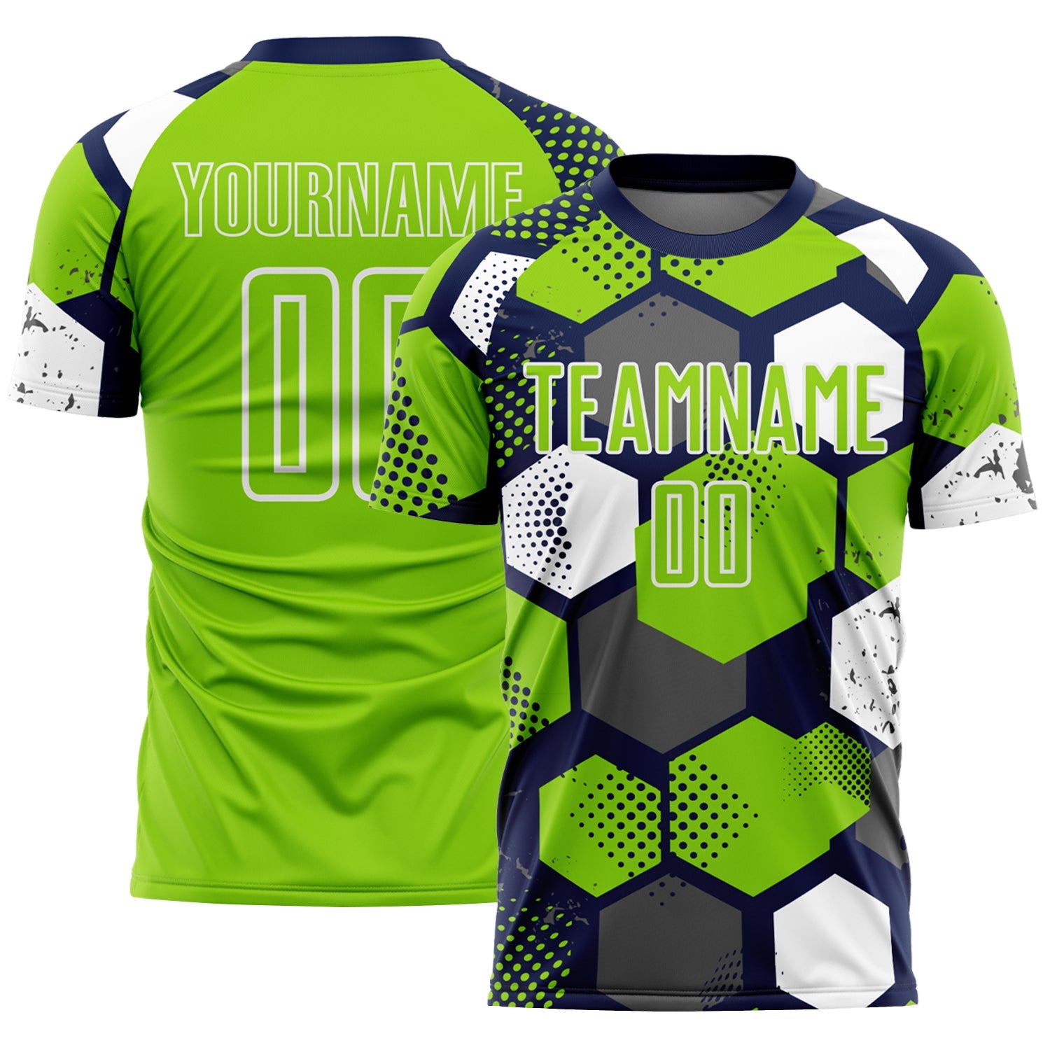 Custom Navy Neon Green-White Geometric Shape Sublimation Soccer Uniform Jersey - Main View
