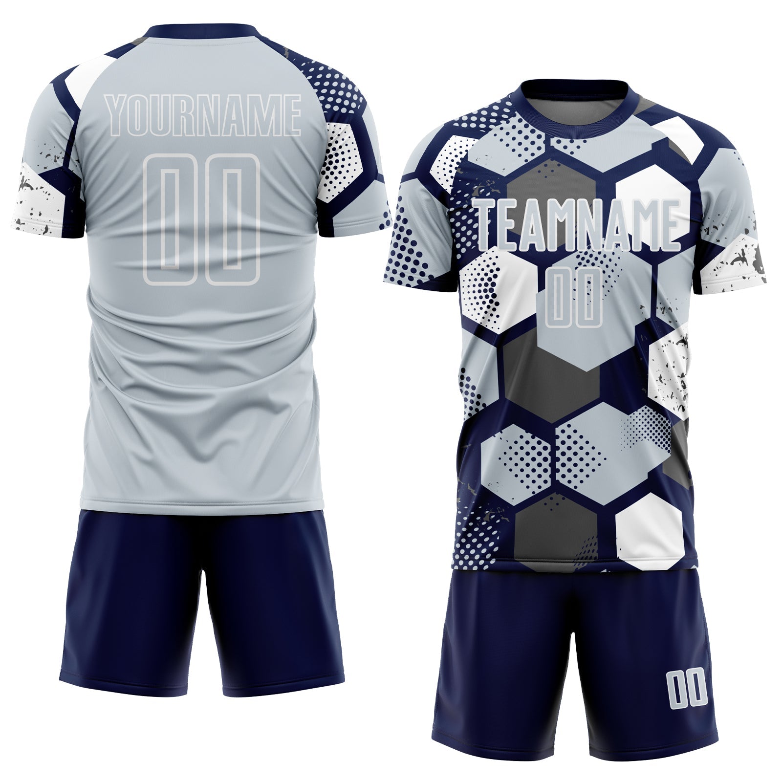 Custom Navy Silver-White Geometric Shape Sublimation Soccer Uniform Jersey view 2