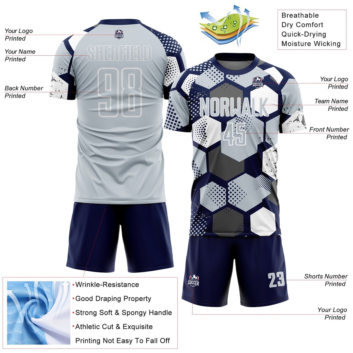 Custom Navy Silver-White Geometric Shape Sublimation Soccer Uniform Jersey view 4